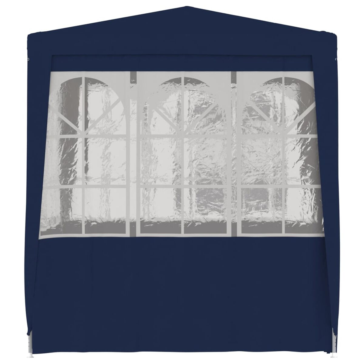 Una struttura blu scuro con tre sezioni di finestre ad arco. Le finestre sembrano essere coperte con un materiale traslucido.