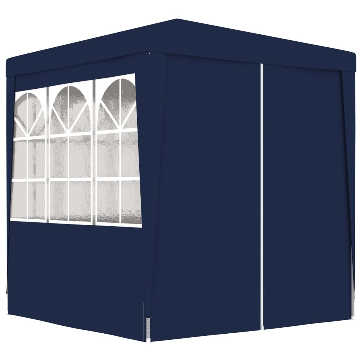 Un gazebo blu navy con finestre ad arco. Cornici bianche e una linea verticale bianca.