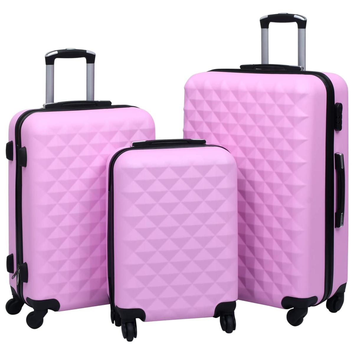 Tre valigie rosa di diverse dimensioni, con dettagli neri. Ognuna ha ruote e una maniglia.