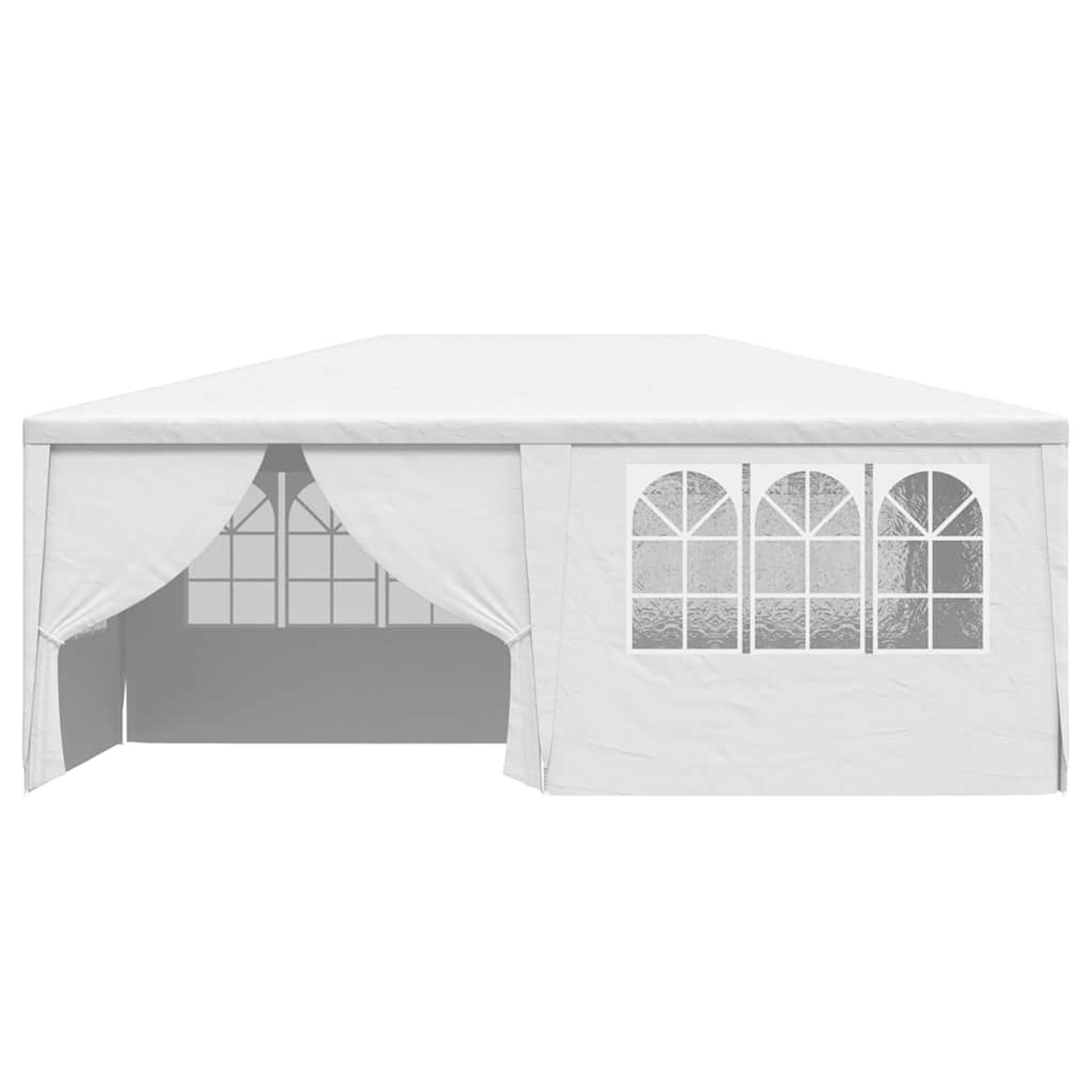 Tenda bianca per esterni con finestre ad arco e lati drappeggiati. La tenda è su sfondo bianco.