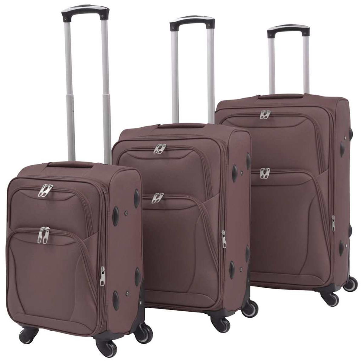 Tre valigie marroni con manici argentati e ruote nere affiancate, pronte per viaggiare.