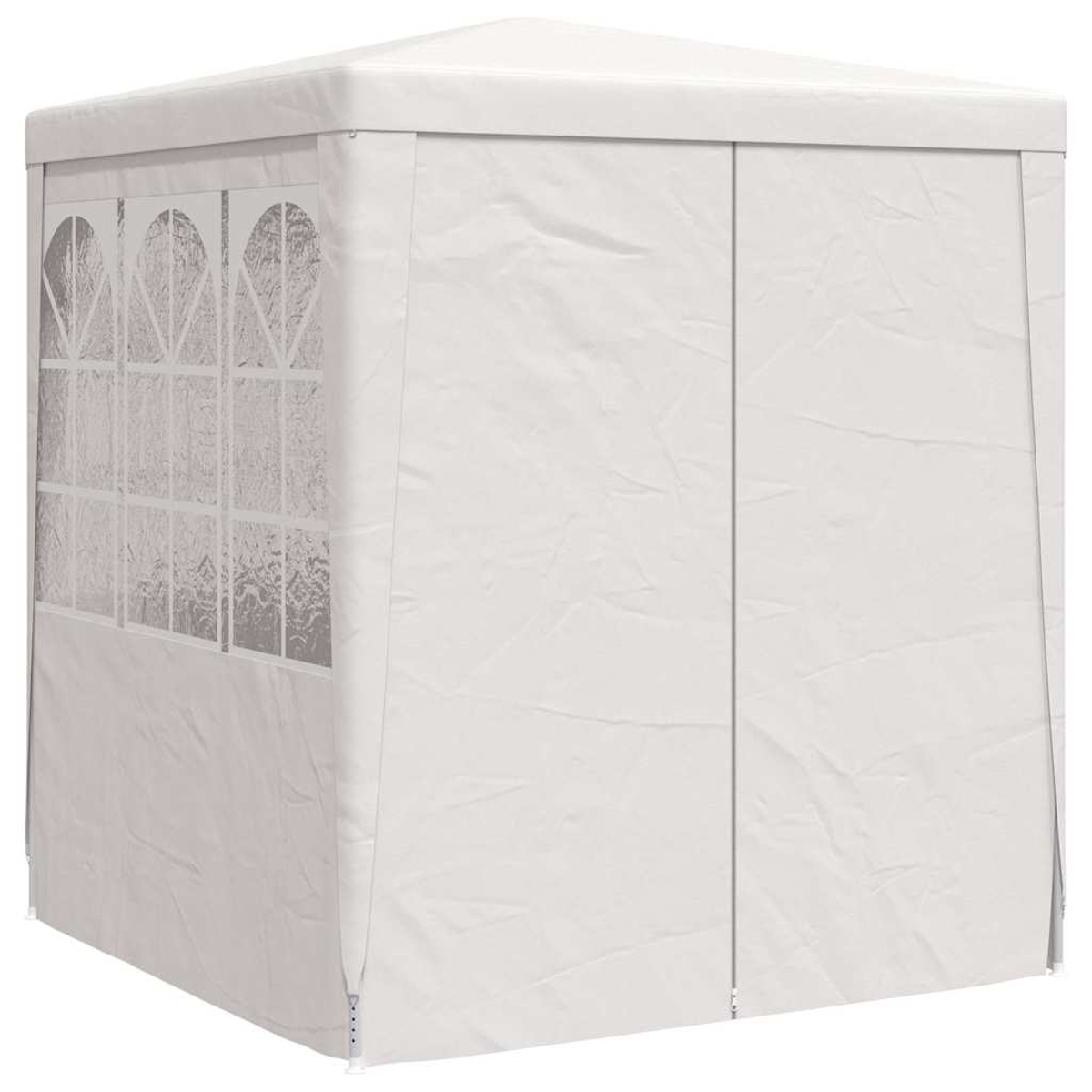 Cenador blanco para exteriores con un lado con ventana. Tiene forma cuadrada y techo inclinado. Las paredes son de tela.