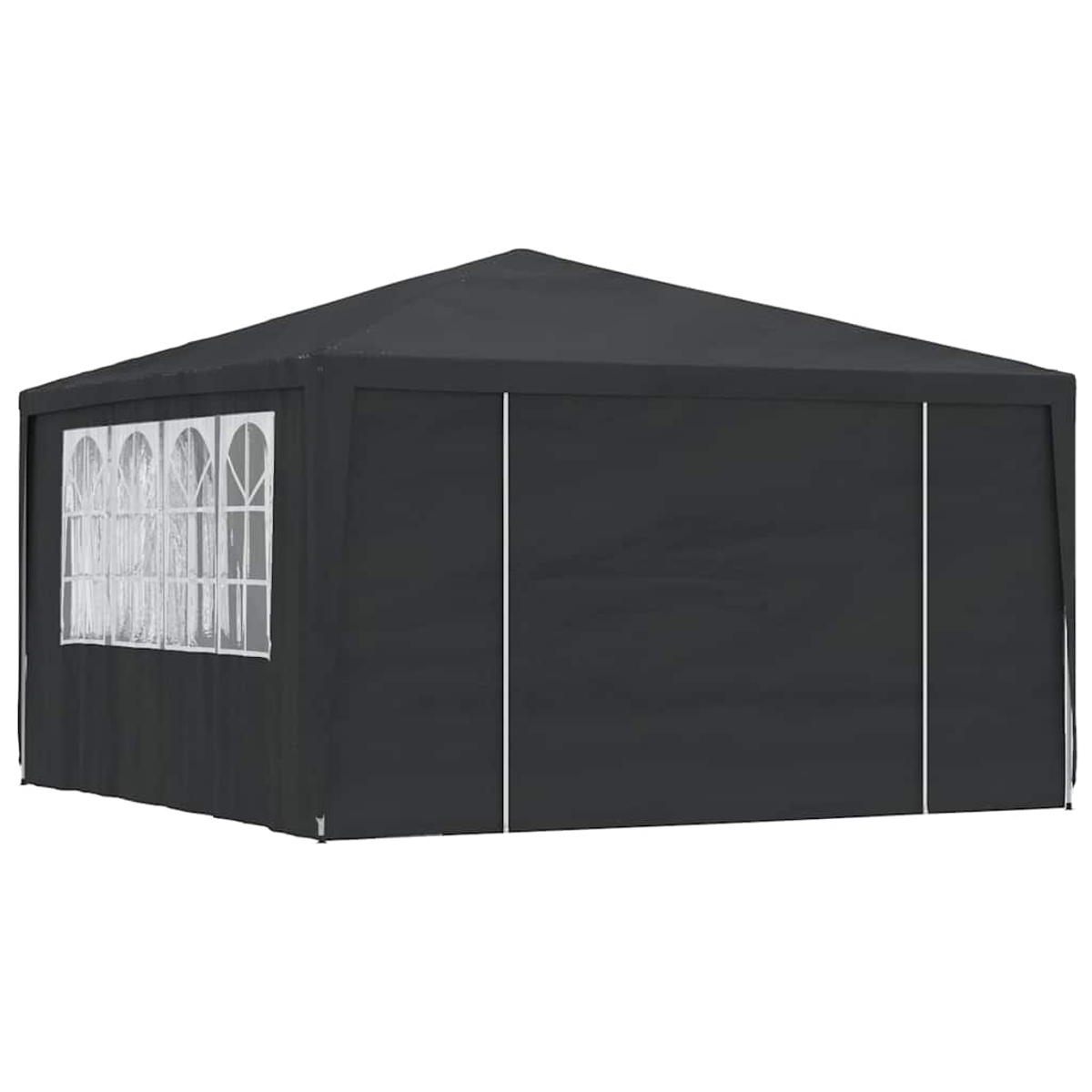 Un gazebo grigio scuro con tetto a punta. Ha una finestra con pannelli trasparenti e cornici bianche. Linee verticali bianche sui lati.