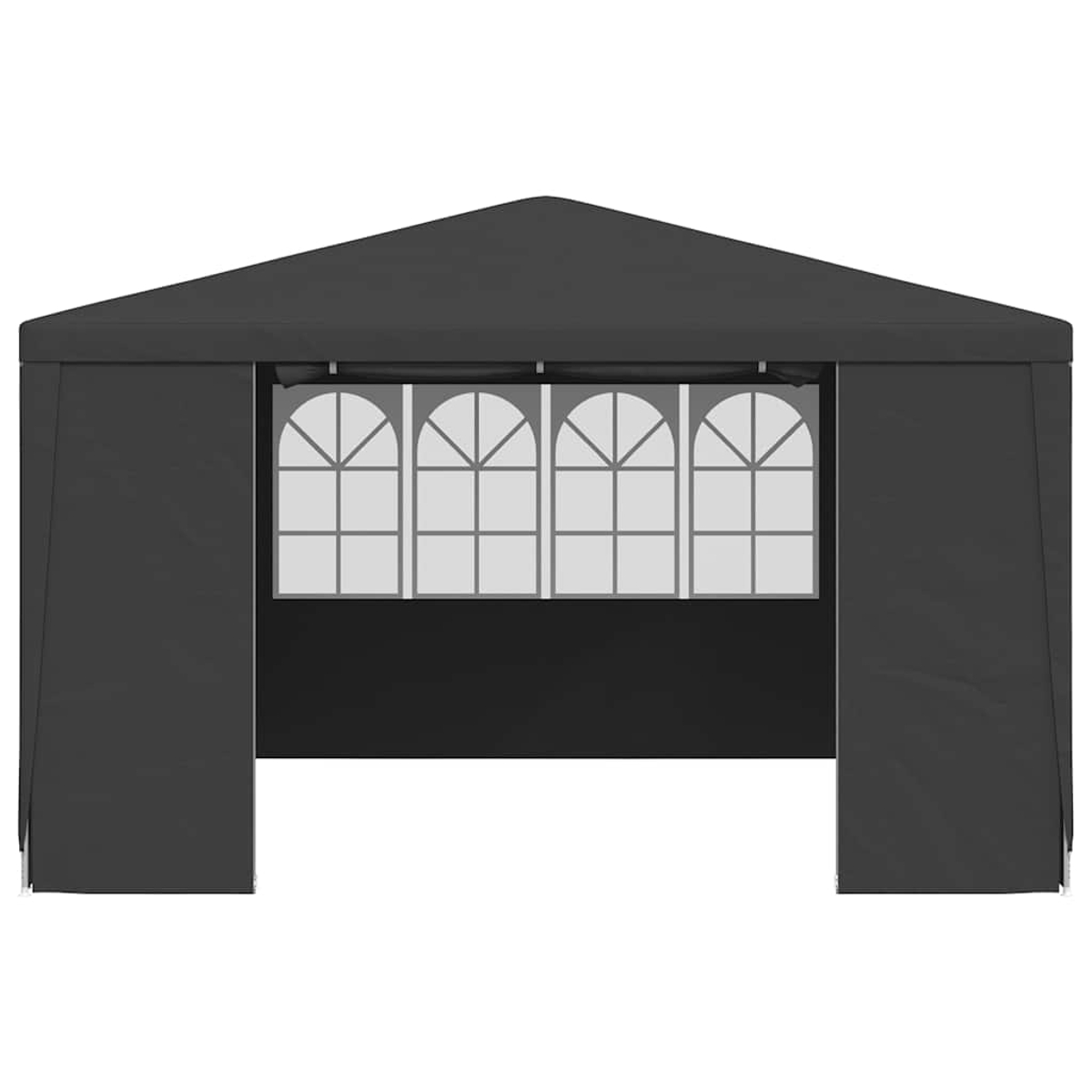 Un gazebo nero con finestre ad arco. Ha un tetto triangolare e lati aperti. Le finestre sono bianche con motivi a griglia.