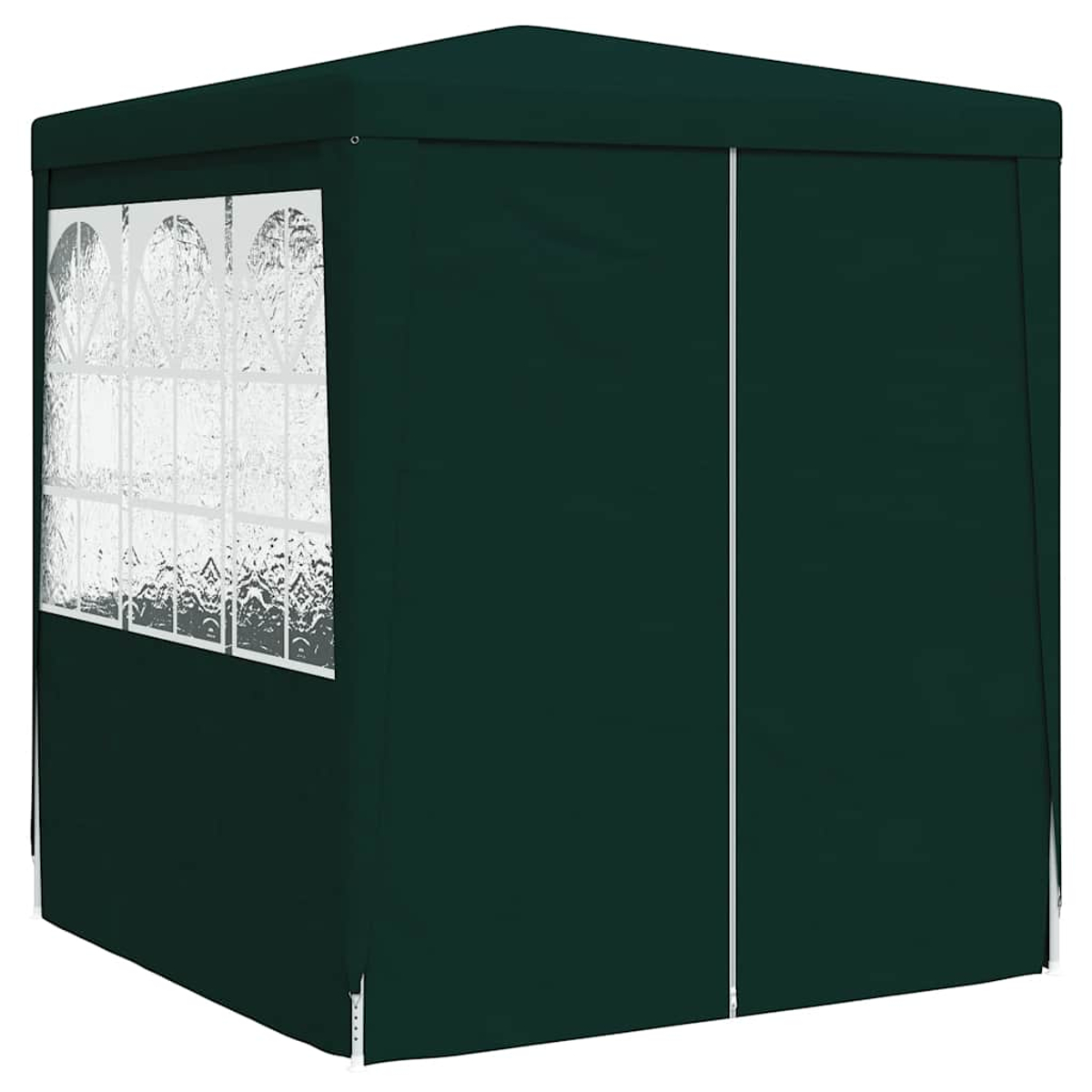 Una struttura verde scuro simile a un gazebo. Ha una finestra con un pannello di plastica trasparente e decorato. È visibile una cerniera verticale.