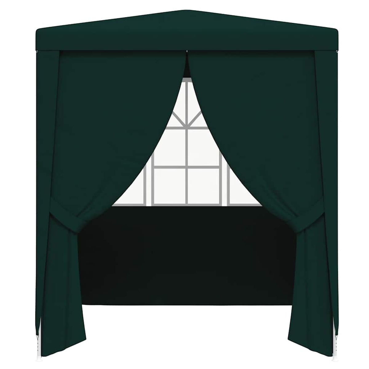 Un gazebo verde scuro. Le tende incorniciano una finestra bianca con un motivo a griglia. Il tetto è verde.
