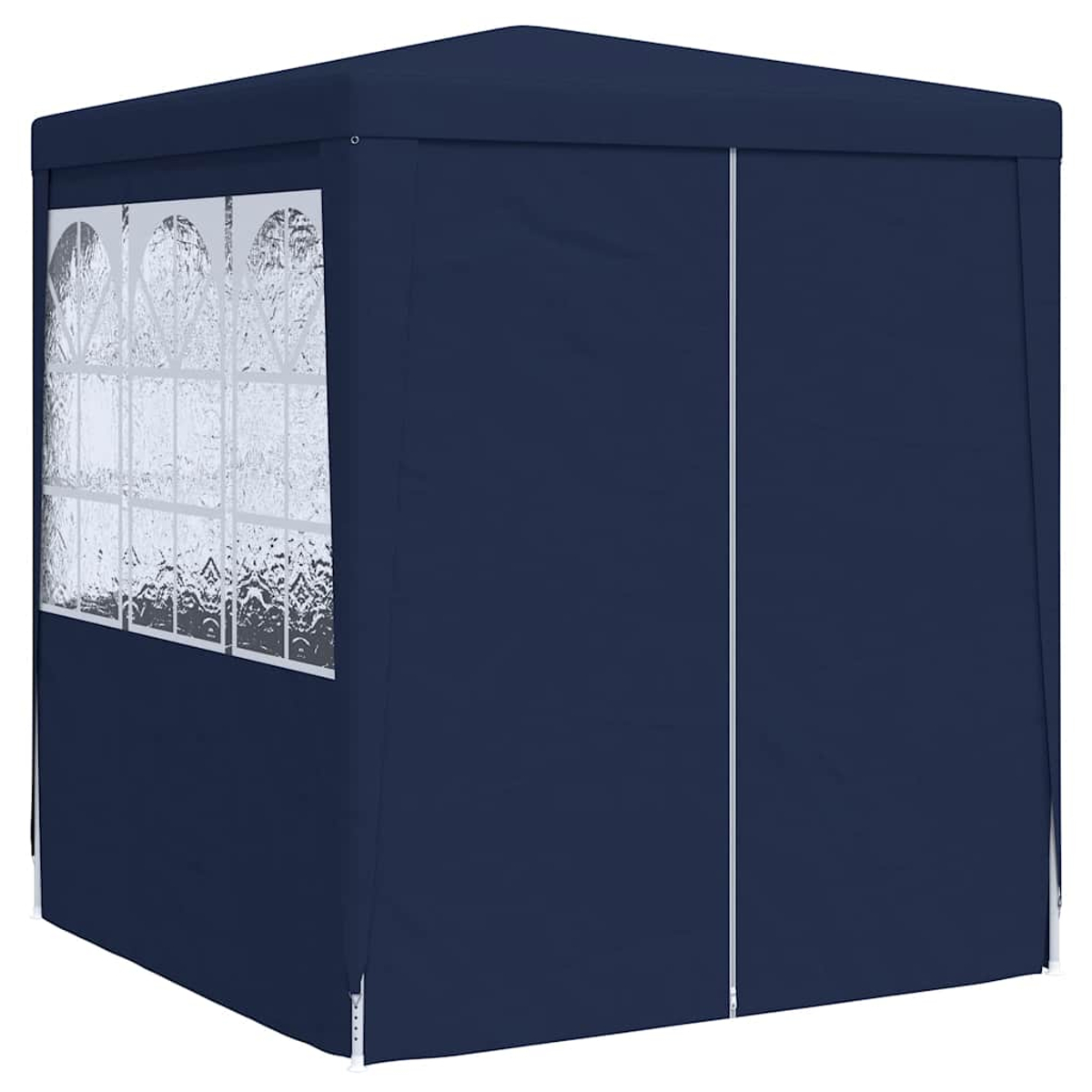 Un gazebo blu navy con una finestra che mostra un motivo. Il lato destro ha una cerniera. Anche il tetto è blu navy.