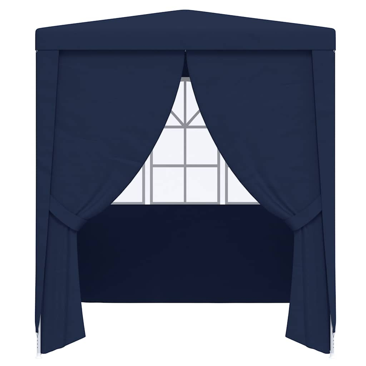 Un gazebo blu navy. La parte anteriore ha tende legate, che rivelano una finestra bianca.