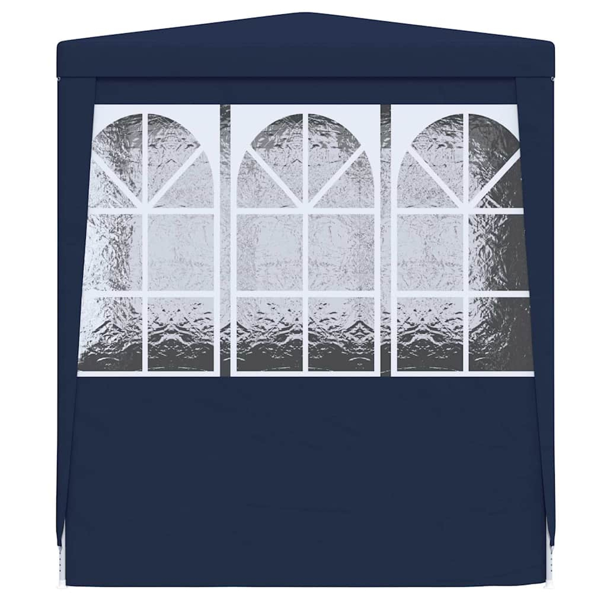 Tenda blu navy con tre finestre ad arco. Cornici bianche e materiale riflettente. Tessuto blu scuro in basso.