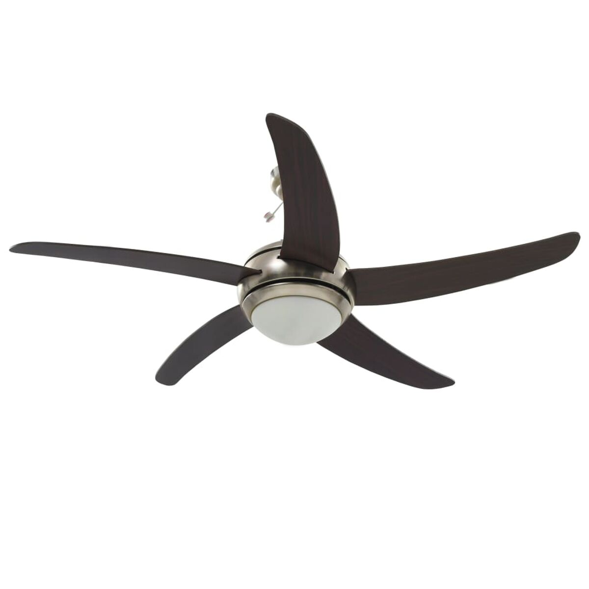 Un ventilatore da soffitto con cinque pale marrone scuro e un alloggiamento motore argentato. Una luce bianca al centro.