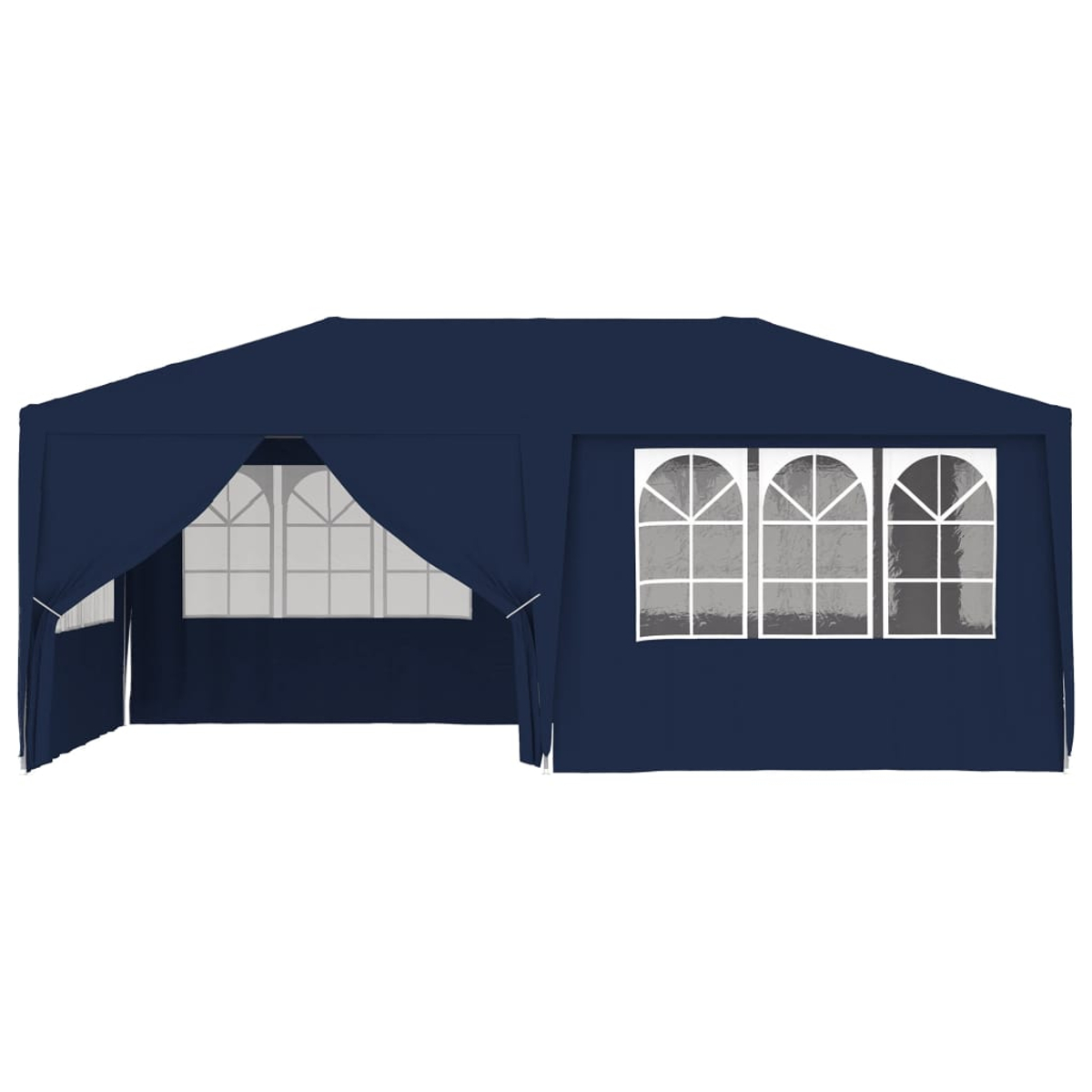 Un gazebo blu navy con più finestre. Le finestre hanno telai bianchi. Il gazebo è rettangolare e ha un tetto a punta.