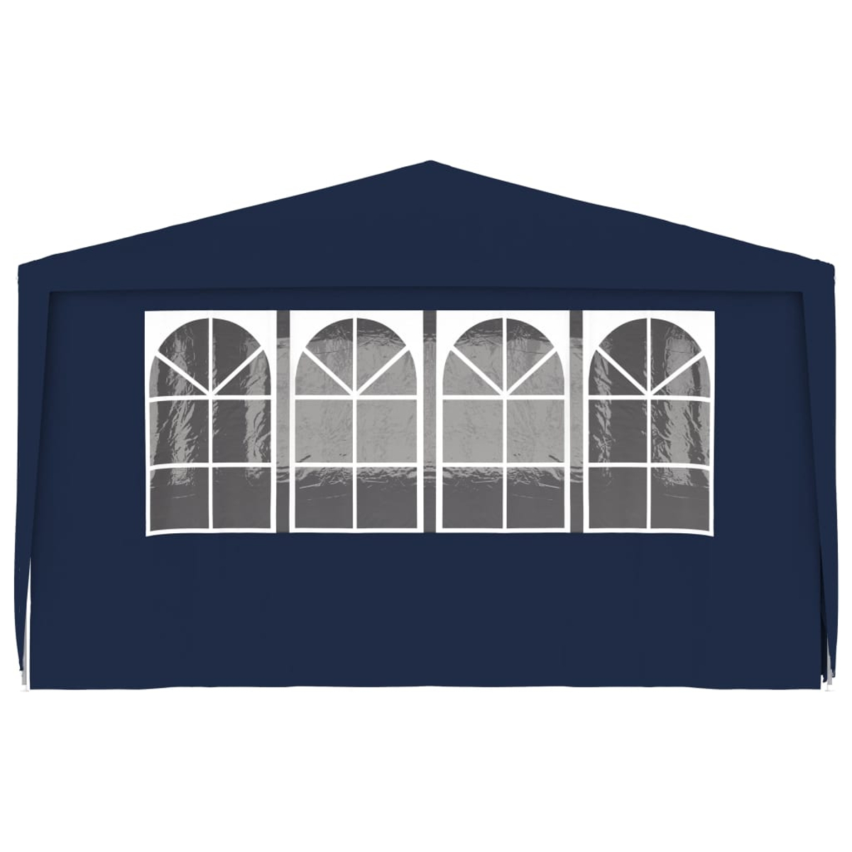 Una tenda blu navy con quattro finestre ad arco. Ogni finestra ha un motivo a griglia bianca. La tenda ha un tetto triangolare.