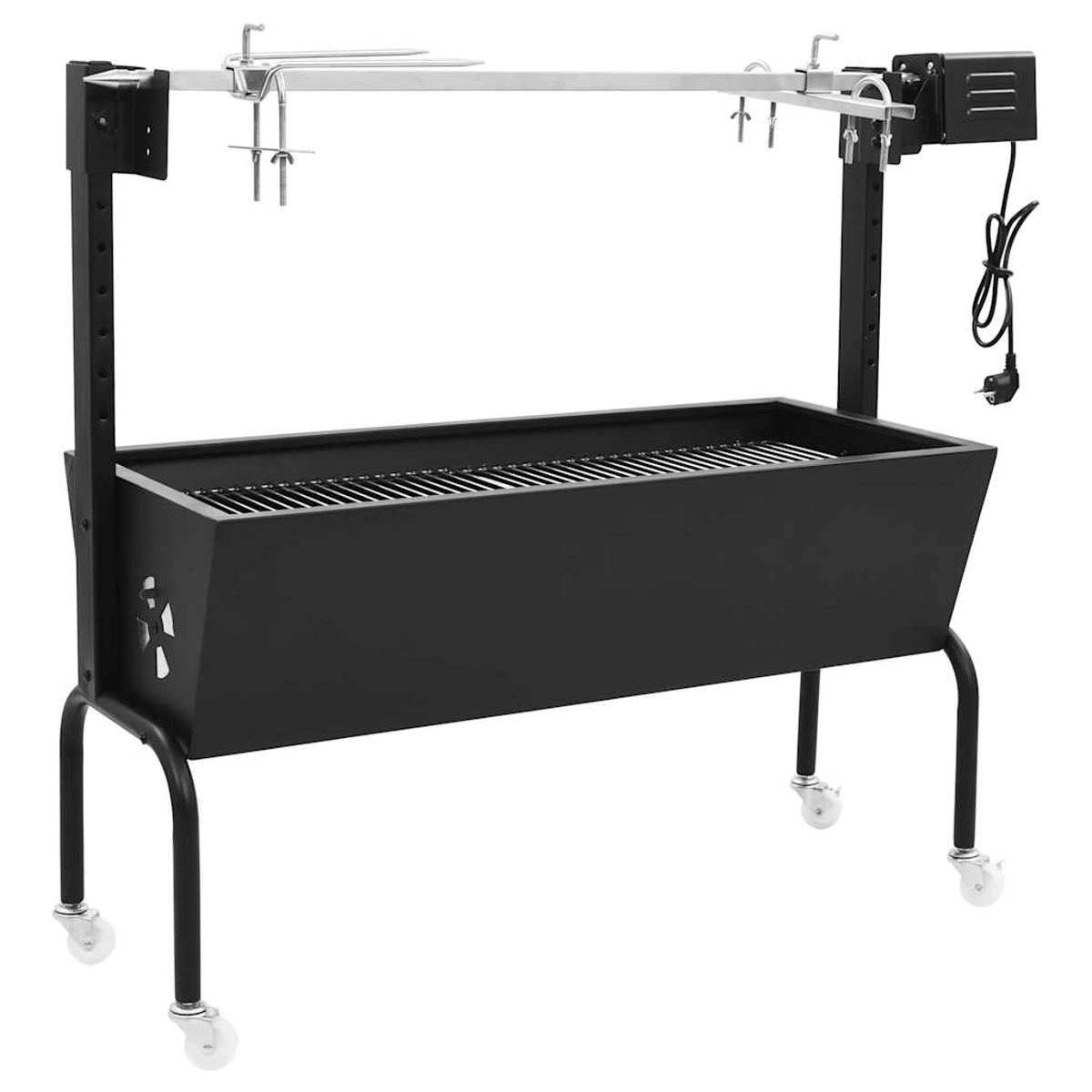 Una parrilla negra con asador. Tiene un cajón de fuego rectangular, un marco de metal con ruedas y un pincho para asar.