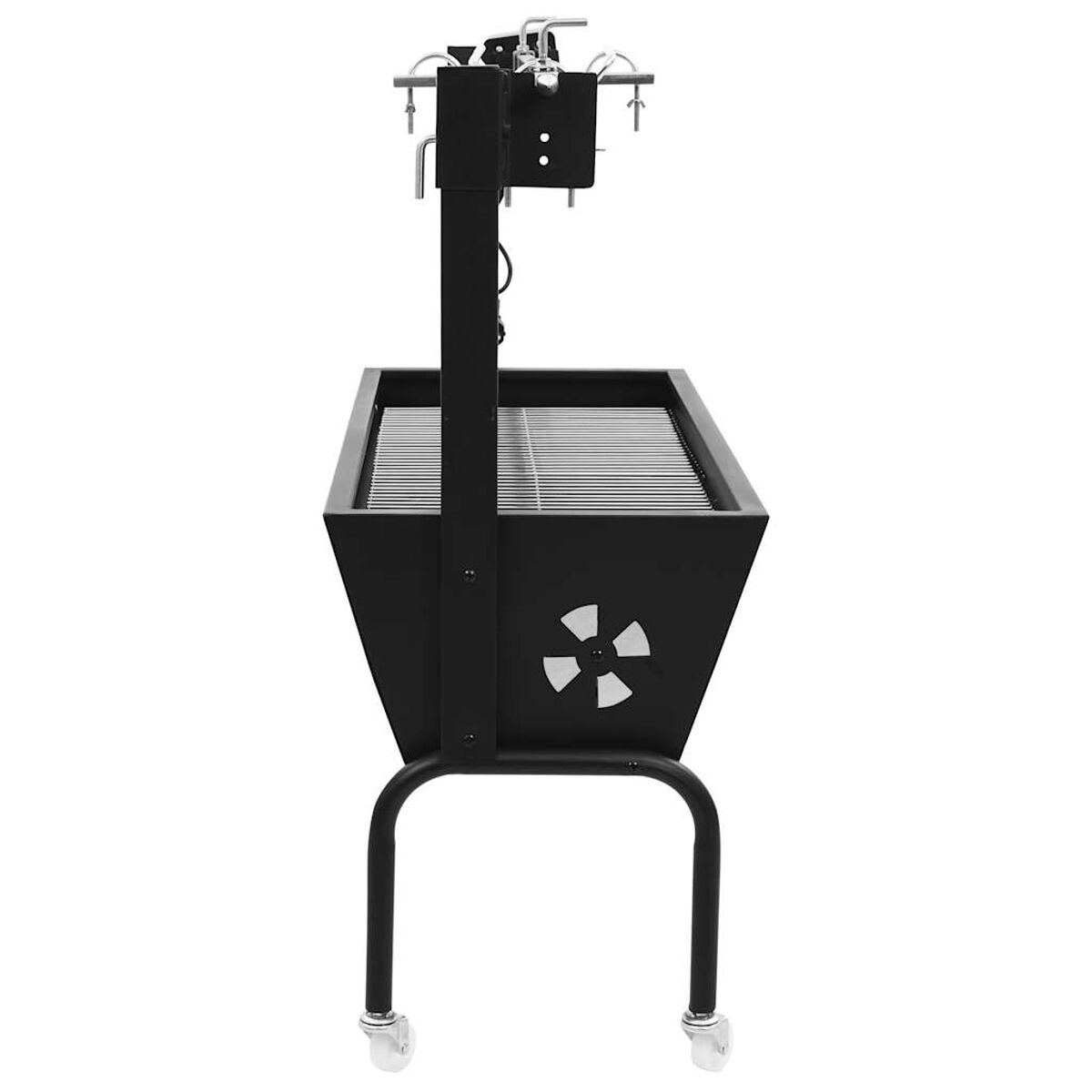Una parrilla de metal negro con un fogón cuadrado, una parrilla y un accesorio para asador. Tiene un diseño en forma de abanico en el lateral.