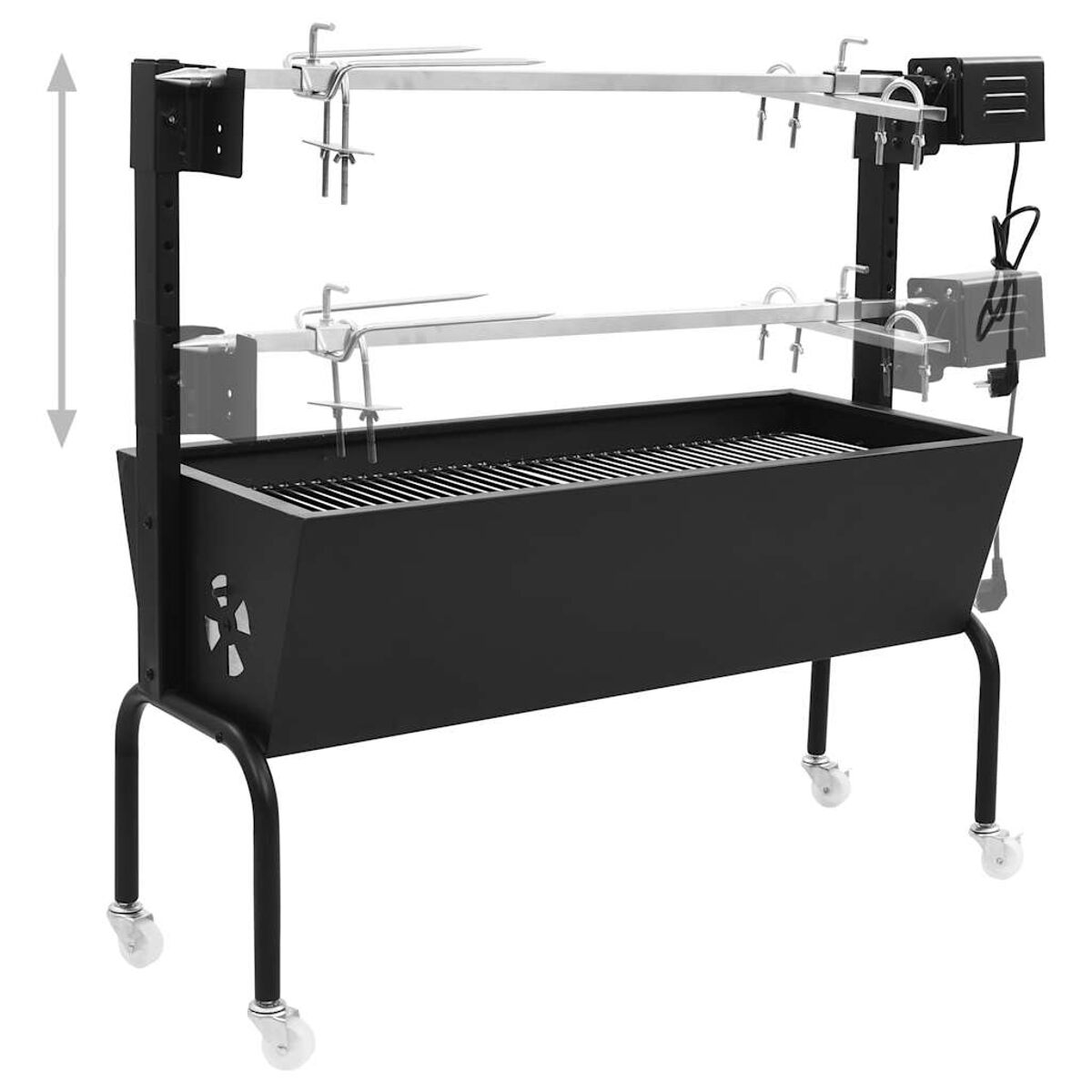 Una parrilla negra con asador. Tiene un cajón rectangular para fuego, asadores y ruedas para movilidad.