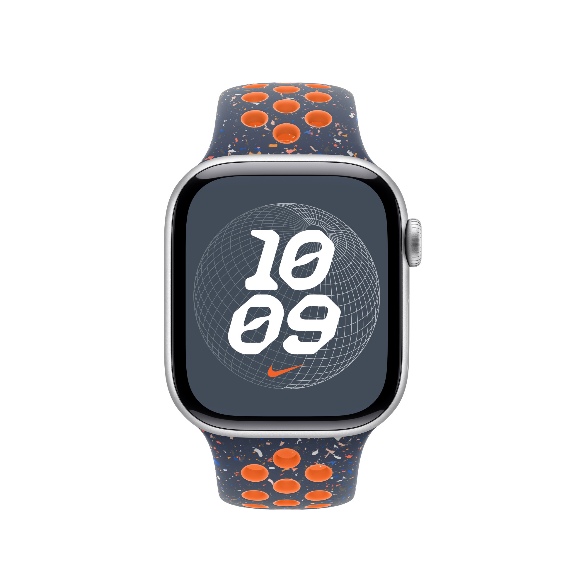 Apple Watch z nakrapianym granatowym paskiem i pomarańczowymi akcentami. Tarcza pokazuje godzinę 10:09 z logo Nike.