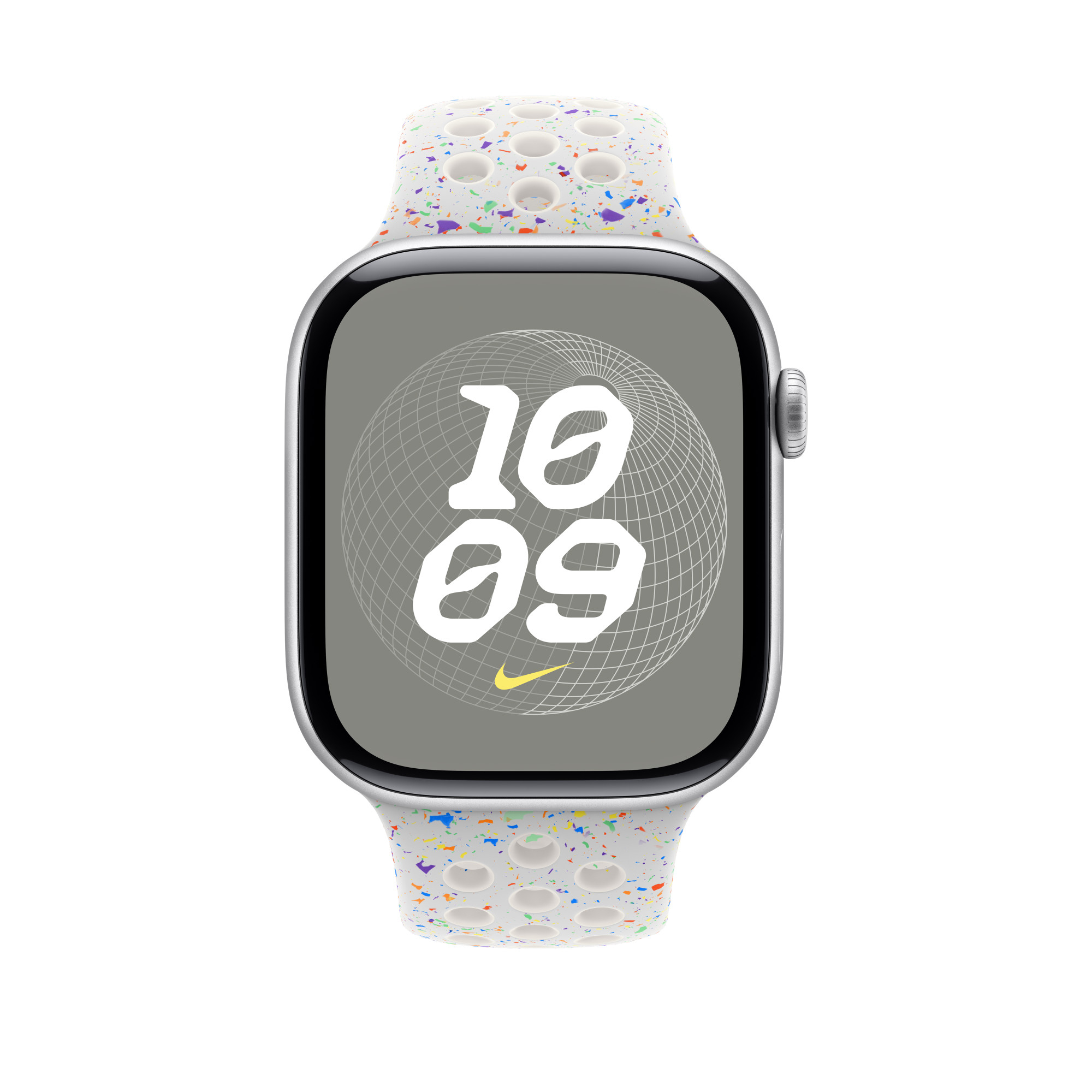 Srebrny Apple Watch z białym paskiem, kolorowymi plamkami i szarym ekranem z godziną 10:09 i logo Nike.