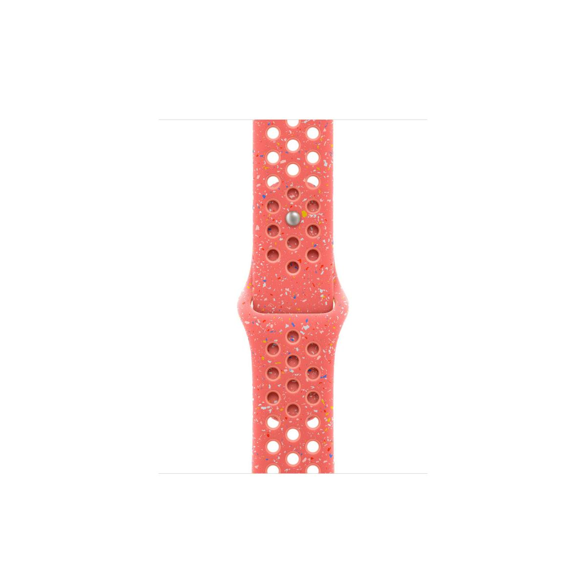 A coral-colored Apple Watch band with small holes. It has speckles of different colors. The band is on a white background.