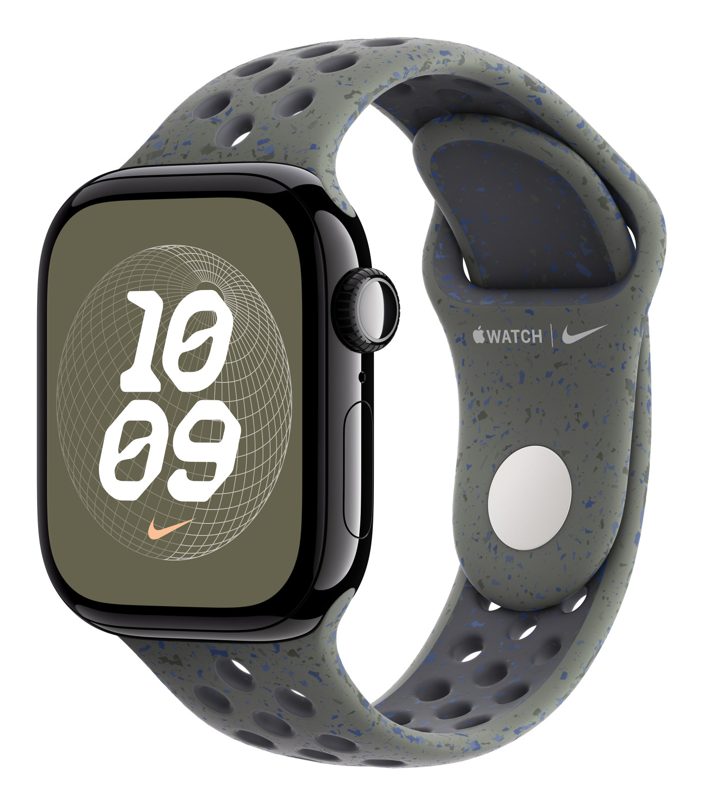 Apple Watch z zielono-niebieskim nakrapianym paskiem. Tarcza zegarka pokazuje godzinę 10:09. Widoczne jest logo Nike.