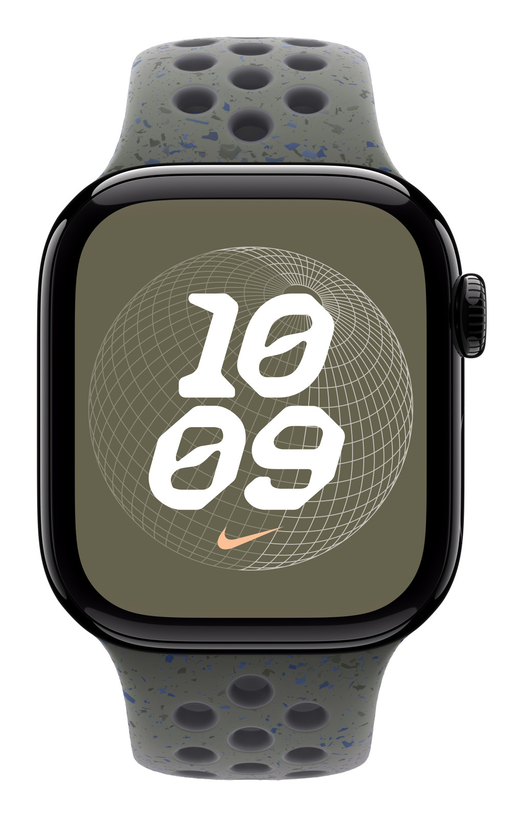Apple Watch z zielonym, nakrapianym paskiem. Ekran wyświetla godzinę 10:09 z logo Nike.