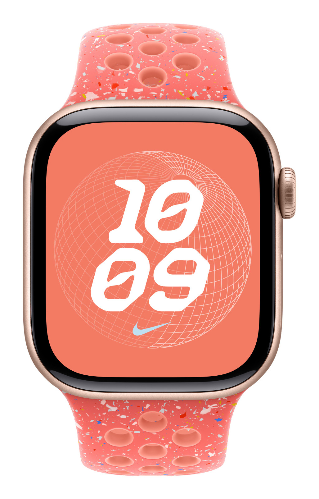Apple Watch z koralowym paskiem. Tarcza wyświetla godzinę 10:09 z logo Nike. Pasek ma otwory i kolorowe plamki.