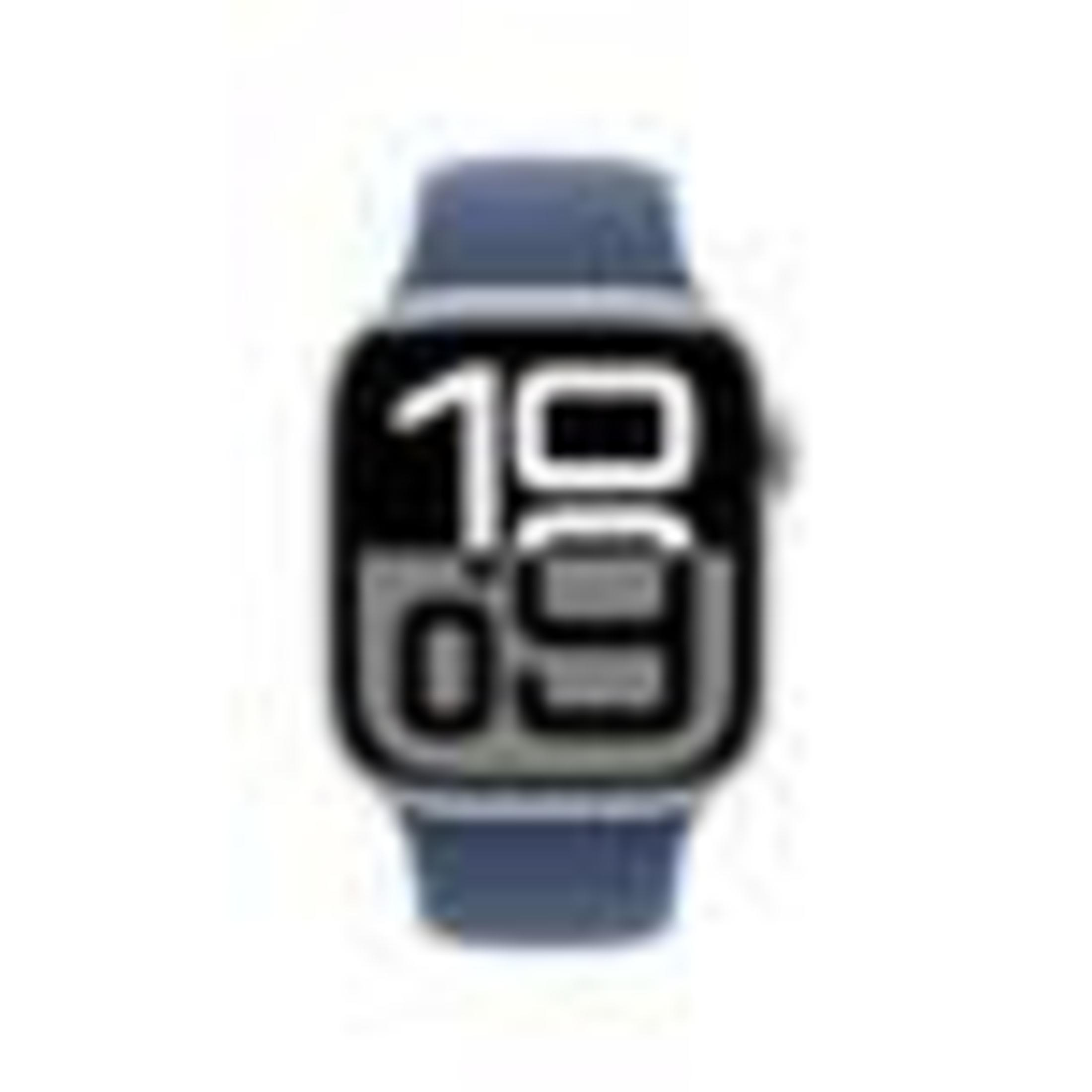 Eine Smartwatch mit der Anzeige 19:09. Die Uhr hat ein dunkelblaues Armband und einen schwarzen Bildschirm. Die Zahlen sind weiß.