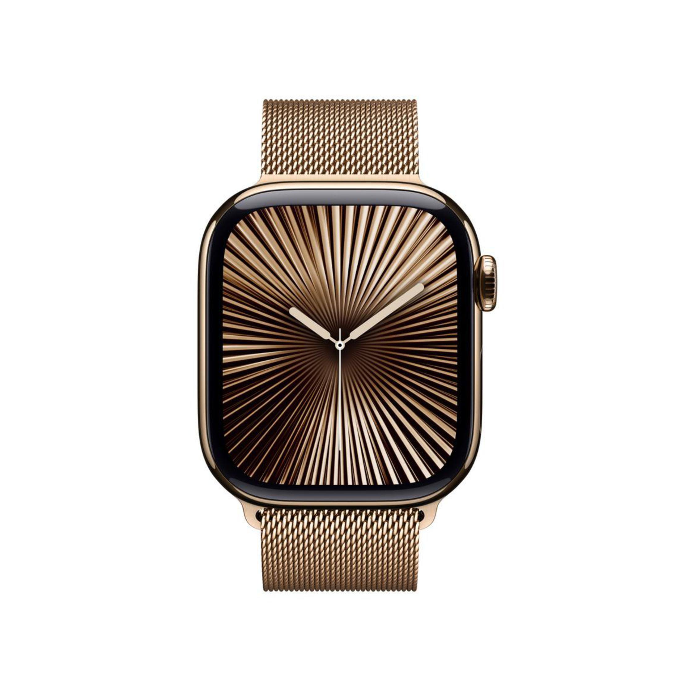 Złoty Apple Watch z radialnym wzorem na ekranie. Ma złoty pasek z siatki. Tło jest białe.