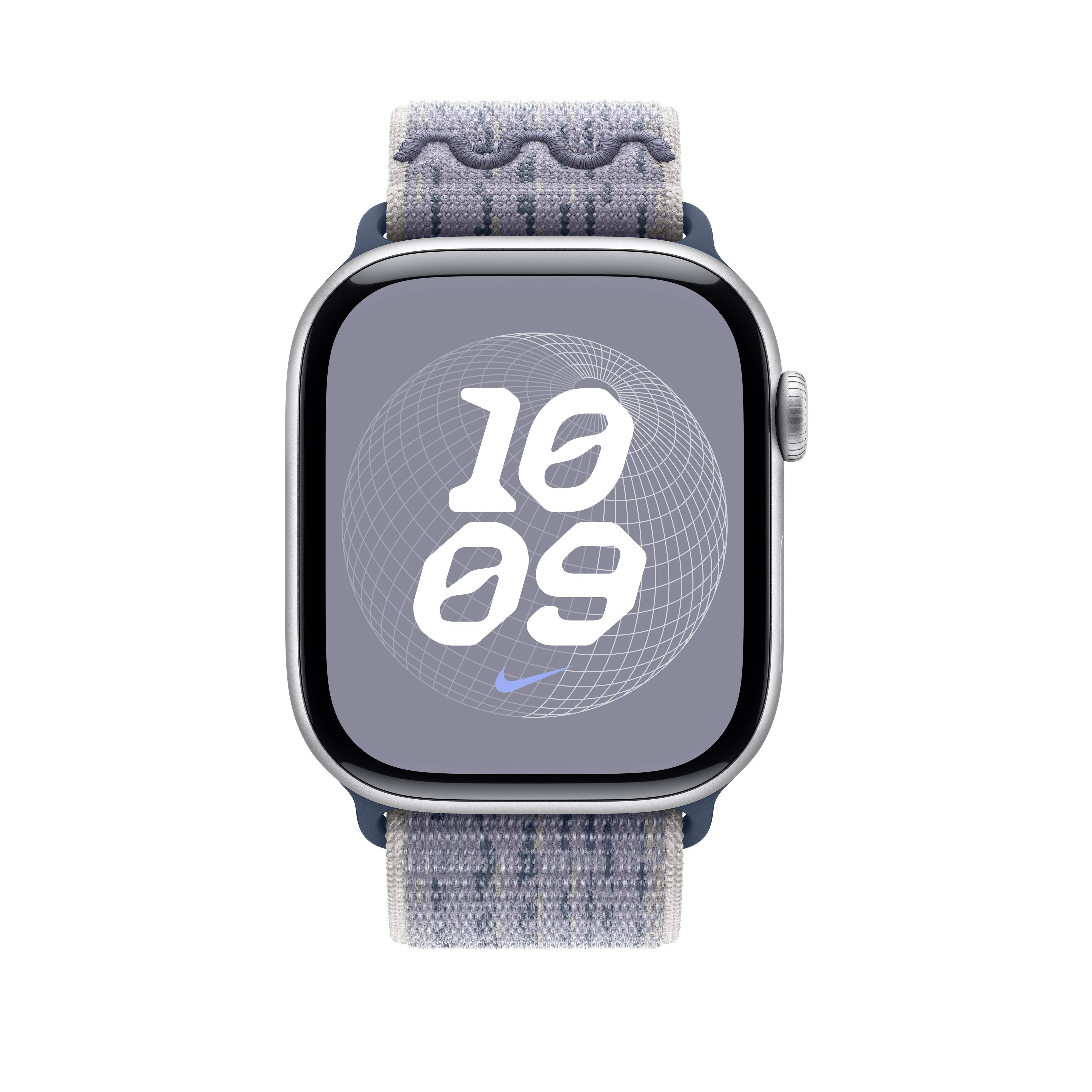 Srebrny Apple Watch z wzorzystym paskiem. Ekran wyświetla godzinę 10:09 i logo Nike.
