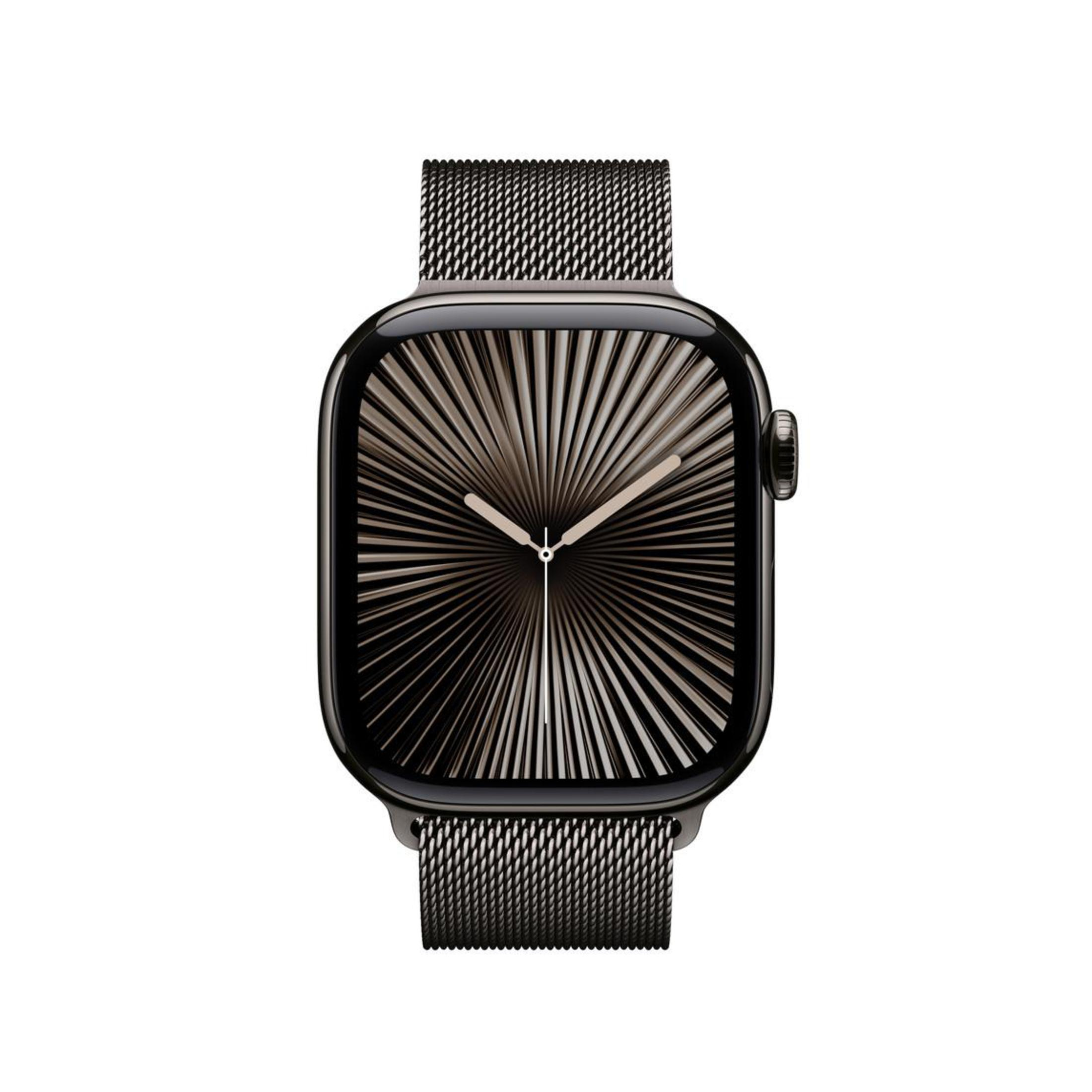 Schwarze Apple Watch mit Metallmaschenband, radiales Zifferblattdesign. Die Uhr ist auf weißem Hintergrund zentriert.