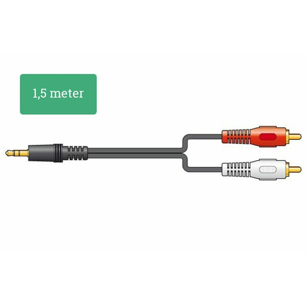 Een audiokabel met een 3,5 mm jack en RCA-connectoren. Een groene rechthoek geeft '1,5 meter' aan. Rode en witte connectoren zijn zichtbaar.