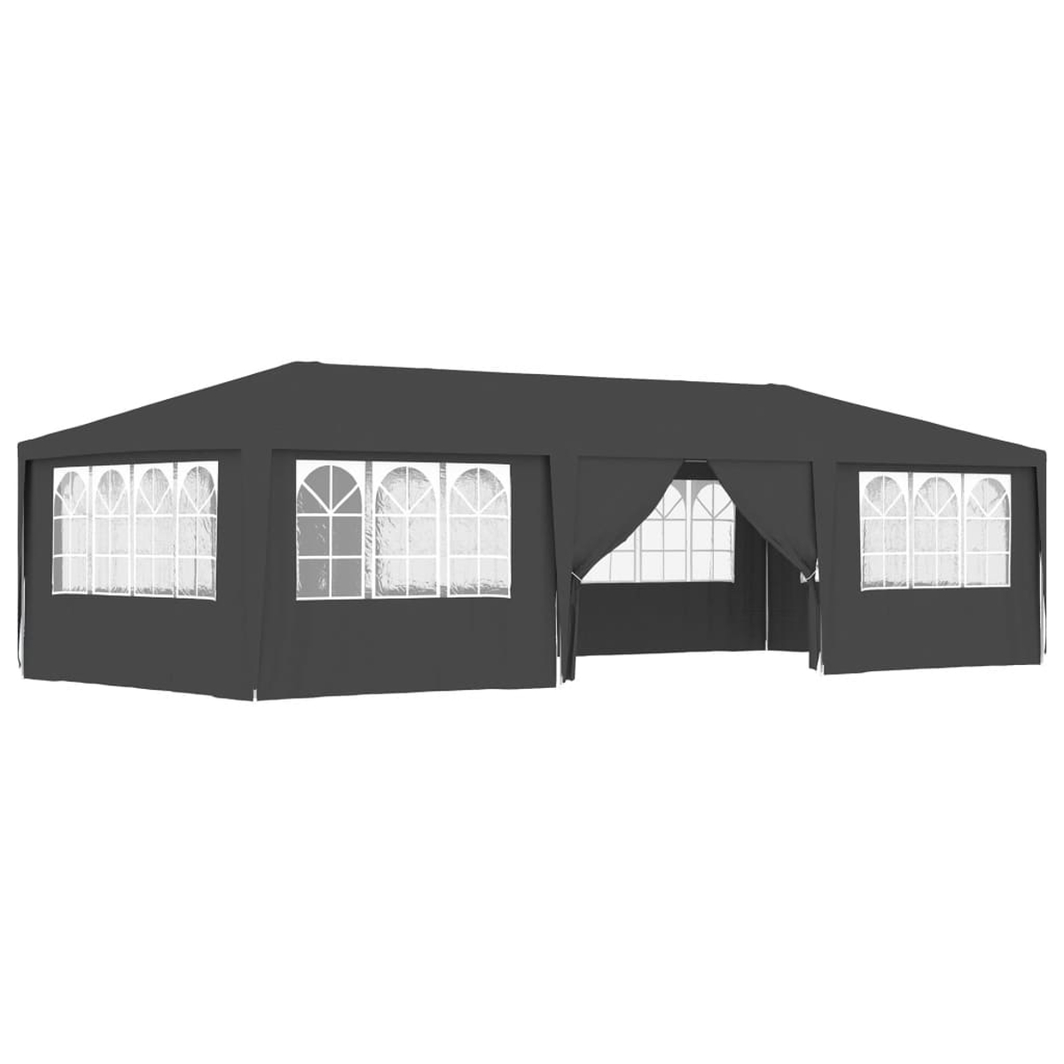 Un gazebo rettangolare grigio scuro con più finestre ad arco. L'ingresso ha una tenda drappeggiata. Sfondo bianco.
