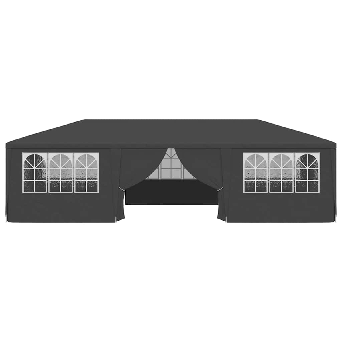 Una tenda grigio scuro con finestre ad arco e cornici bianche. La tenda ha i lati aperti e un ingresso centrale. Lo sfondo è bianco.