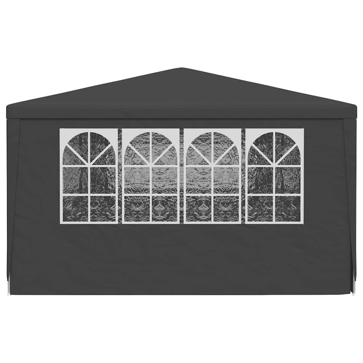 Una tenda grigio scuro con quattro finestre ad arco. Ogni finestra ha un motivo a griglia. Il tetto è triangolare.