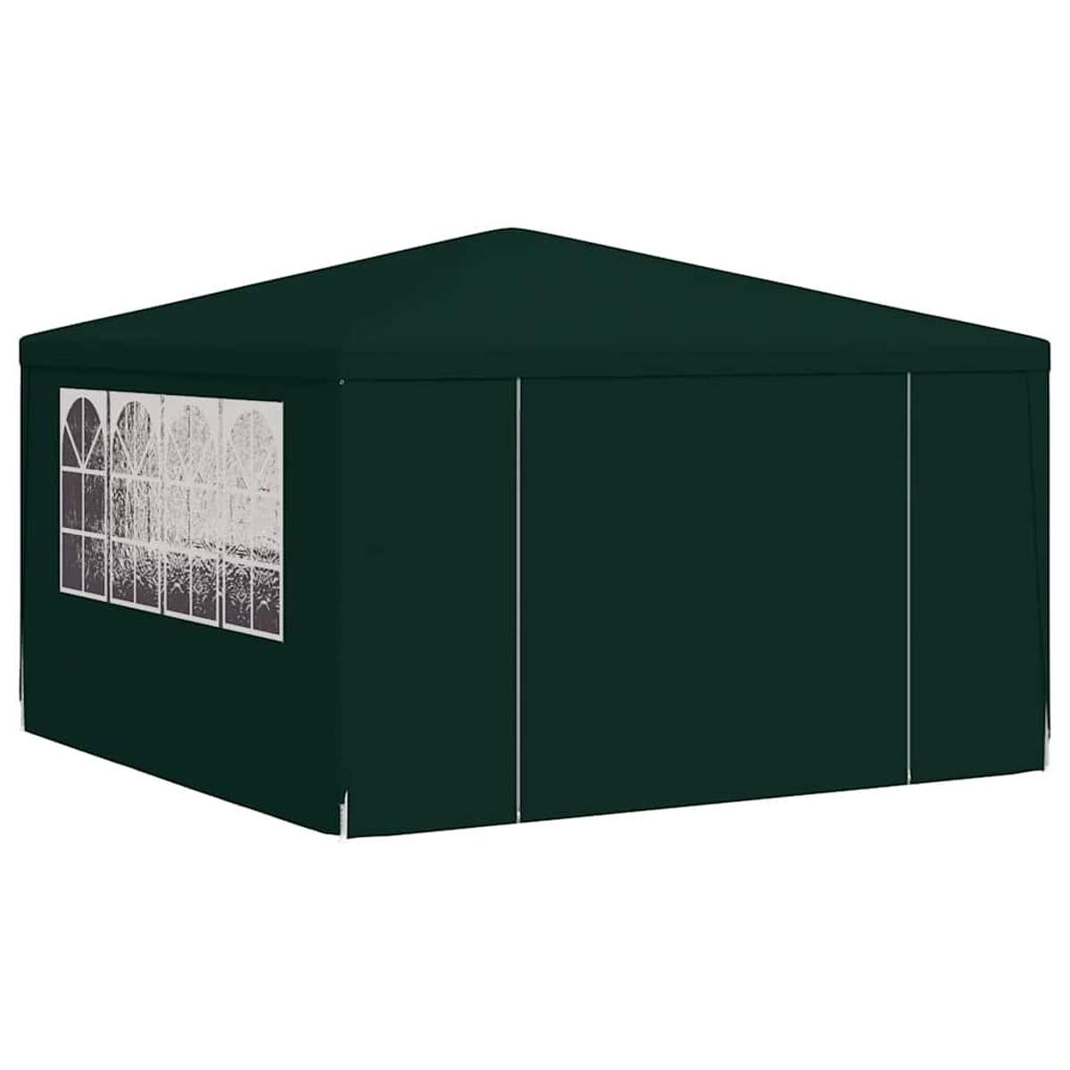 Un gazebo verde scuro. Ha una finestra sul lato sinistro ed è altrimenti chiuso. Il tetto è angolato e lo sfondo è bianco.