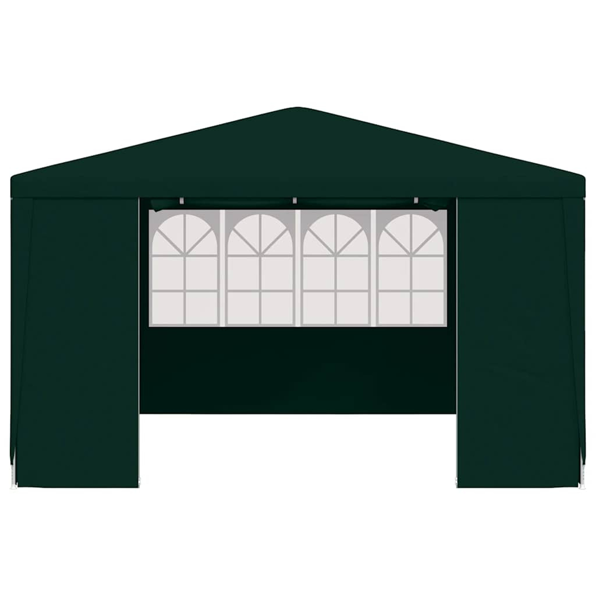 Una tenda verde scuro con quattro finestre ad arco. La tenda ha un tetto a punta e lati aperti. Sfondo bianco.