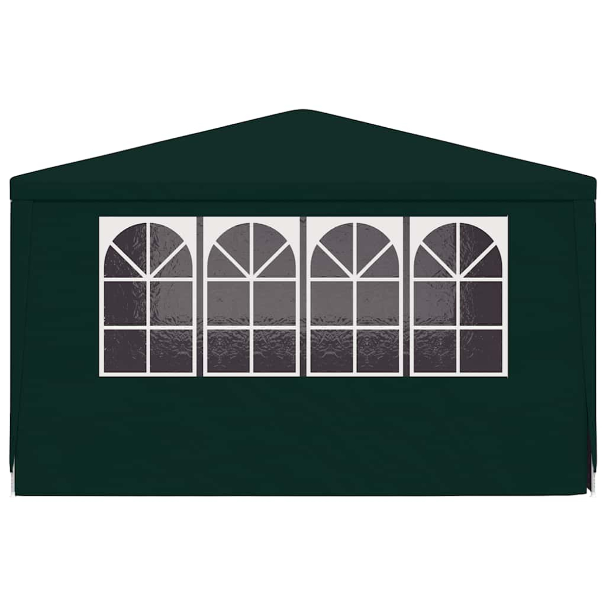 Un gazebo verde scuro con quattro finestre ad arco. Le finestre hanno telai e divisori bianchi. Il tetto è triangolare.
