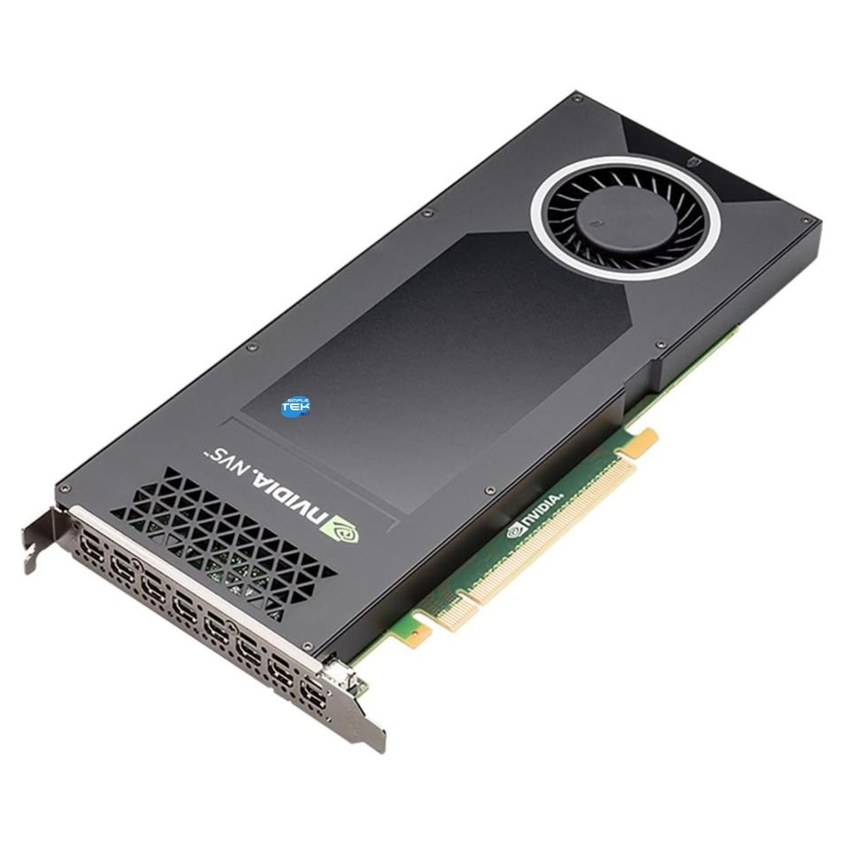 Una scheda grafica Nvidia NVS nera con ventola, circuito stampato verde e porte multiple. La scheda è angolata su una superficie bianca.