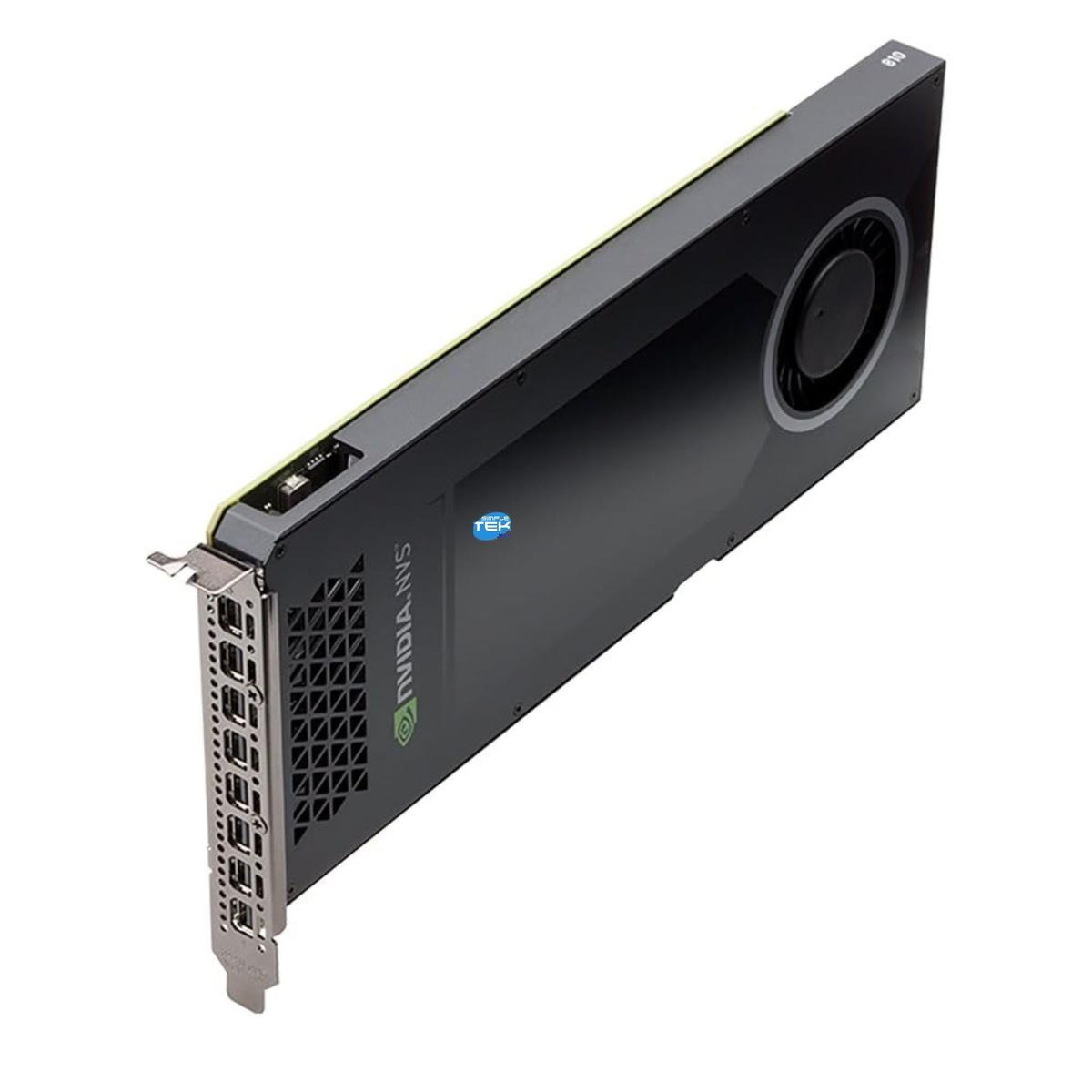 Una scheda grafica NVIDIA nera con staffa argentata, ventola e scritta 'NVIDIA.NVS'. Lo sfondo è bianco.