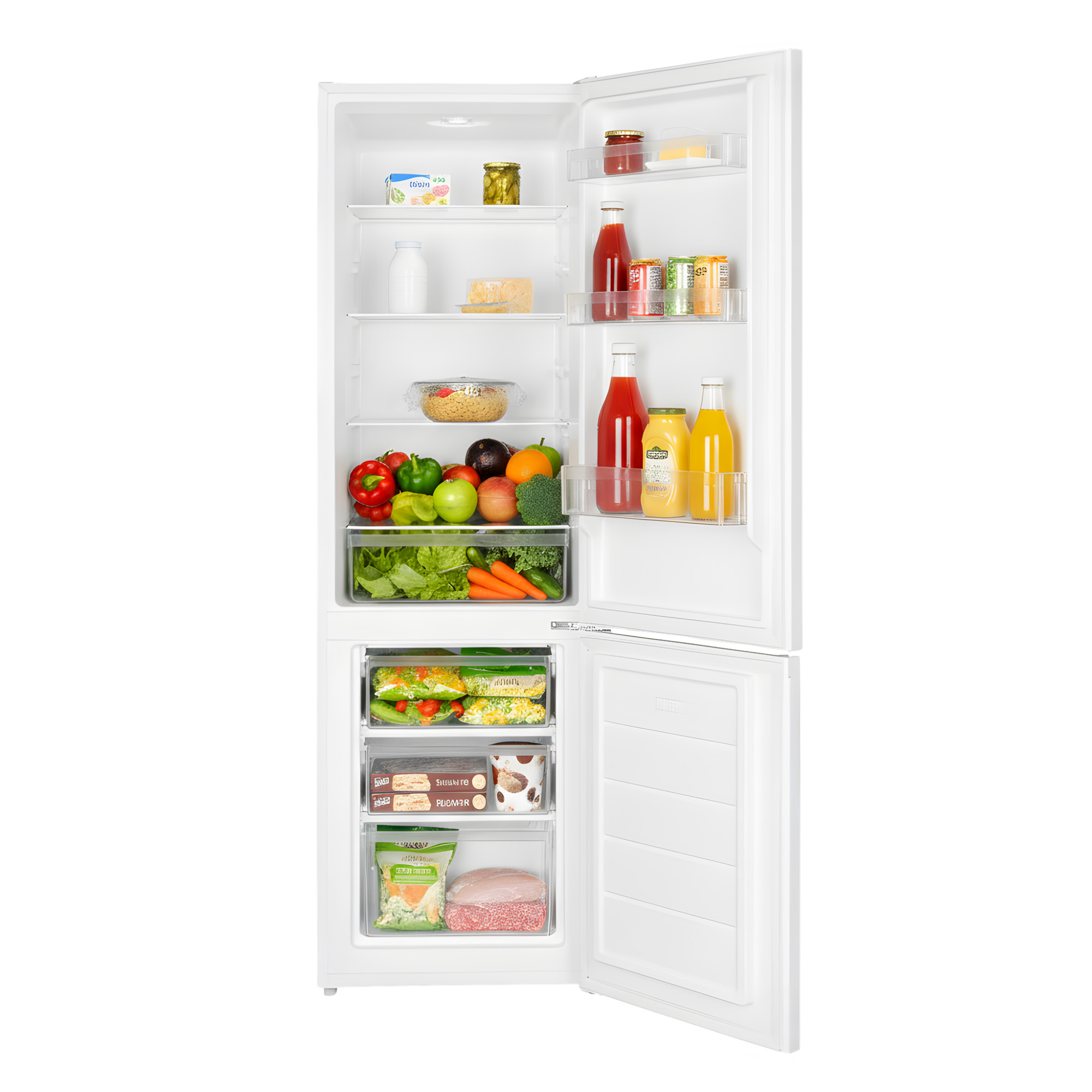 Open witte koelkast gevuld met voedsel: fruit, groenten, drankjes en diepvriesproducten. De open deur onthult de inhoud.