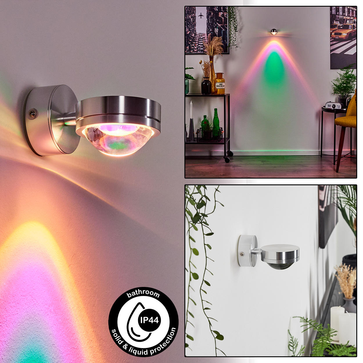 Eine Wandleuchte projiziert farbenfrohe Lichtmuster. Die Leuchte ist silberfarben. Das Licht erzeugt einen Regenbogeneffekt an der Wand.