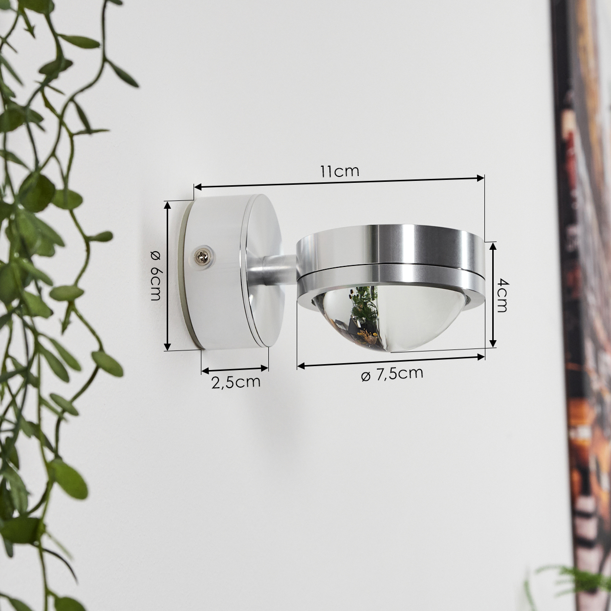 Eine metallische Wandleuchte wird an einer weißen Wand gezeigt. Die Lampe hat eine runde, klare Glaskuppel mit Pflanzen und Maßen.