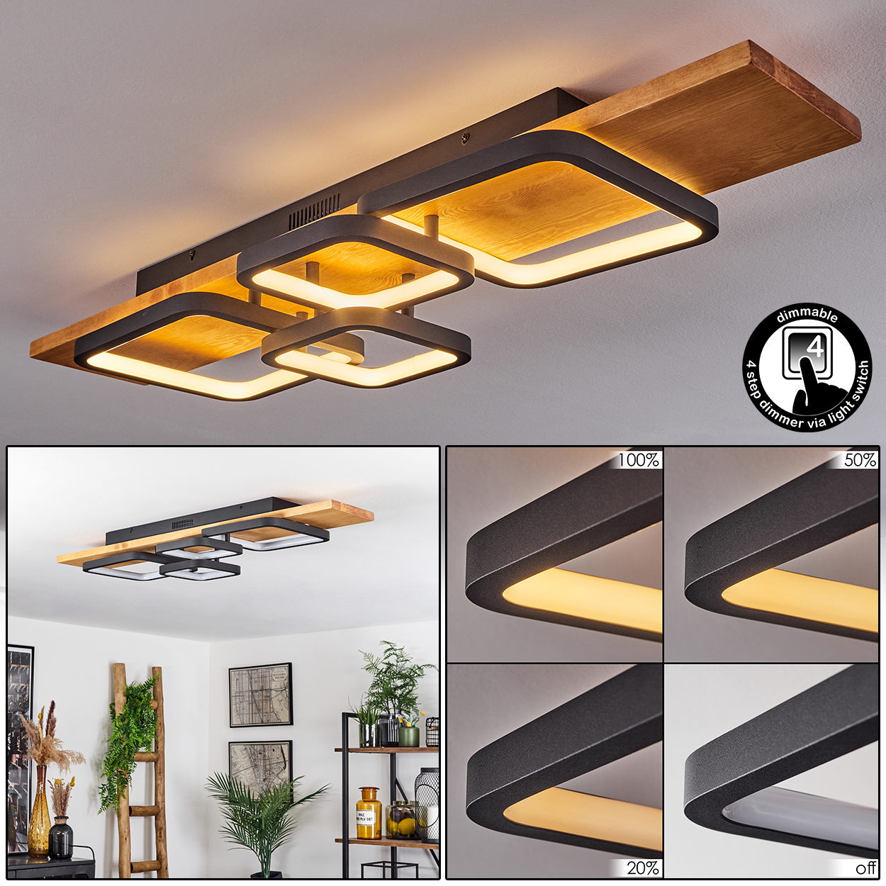 Deckenleuchte mit quadratischen Lichtern, Holz- und schwarzem Rahmen. Zeigt Dimmoptionen. Wohnzimmerhintergrund mit Dekoration.