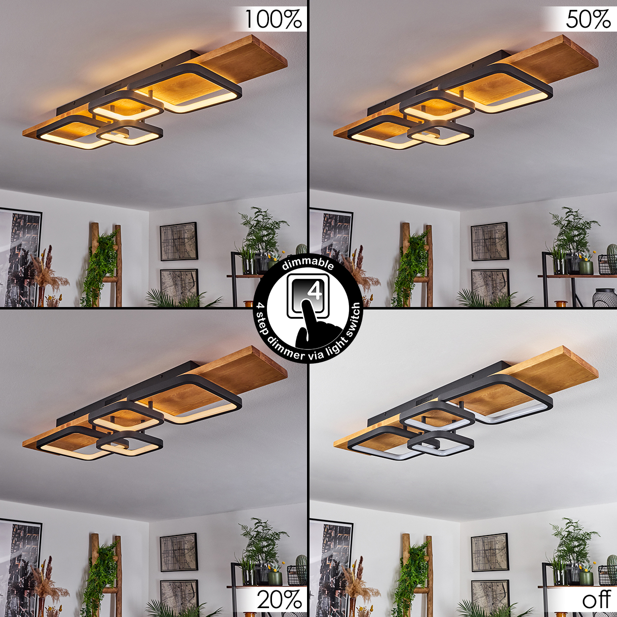 Eine moderne Deckenleuchte mit dimmbaren Einstellungen. Das Licht hat eine Holzbasis mit vier quadratischen Leuchten in einem weißen Raum.