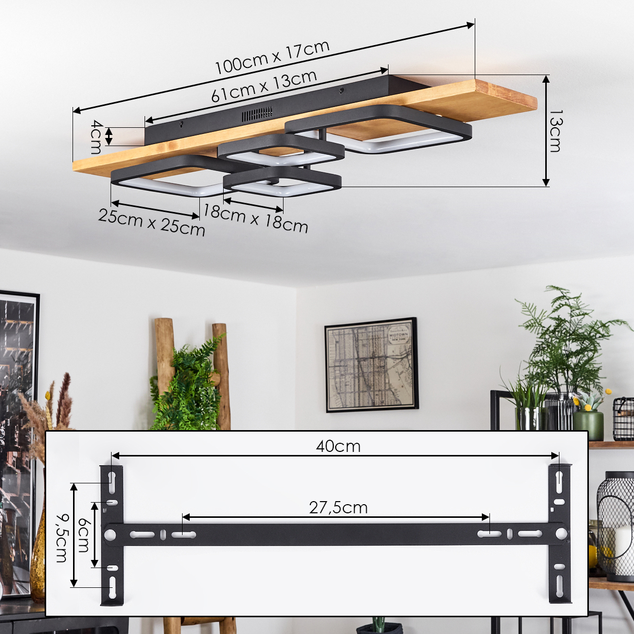 Eine moderne Deckenlampe mit Holz- und schwarzen Elementen. Maße sind sichtbar. Ein schwarzer Metallbügel ist ebenfalls mit Maßen abgebildet.
