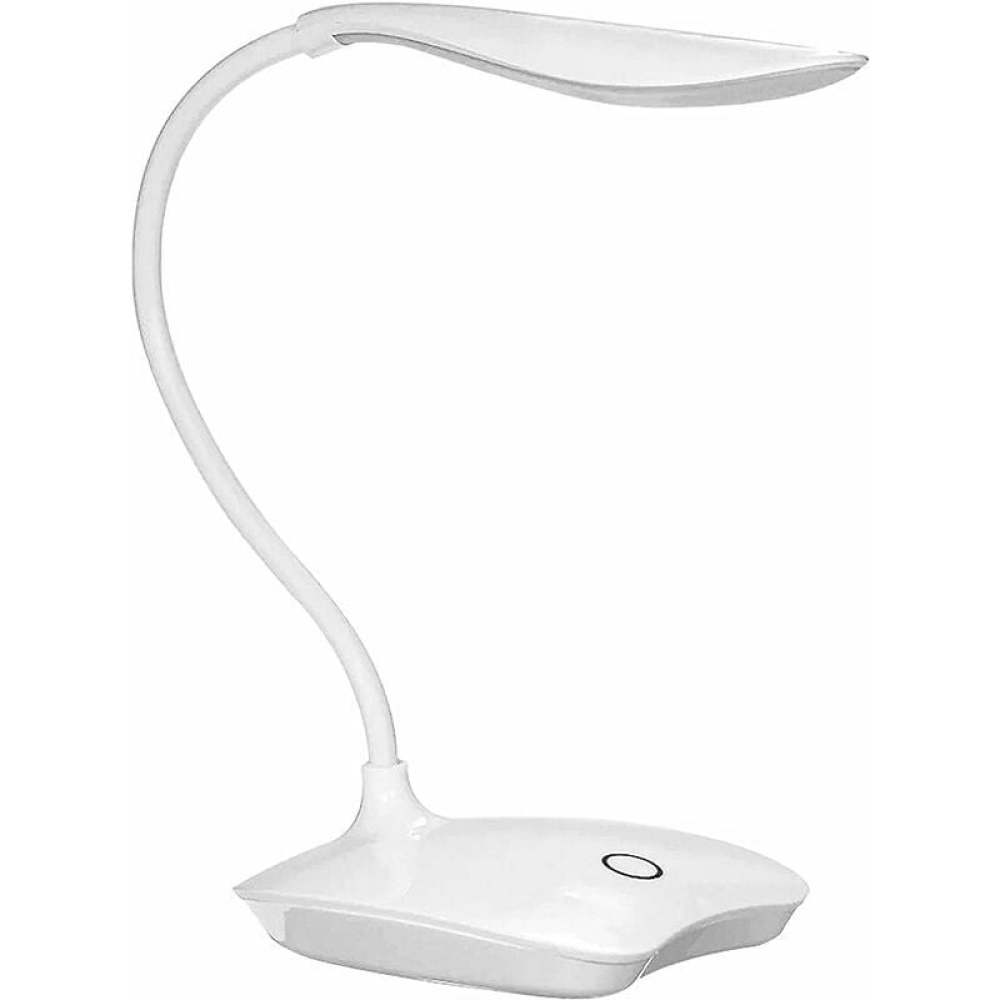 Eine weiße LED-Schreibtischlampe. Sie hat einen gebogenen Hals, einen flachen, blattförmigen Leuchtkopf und einen runden Ein-/Ausschalter.
