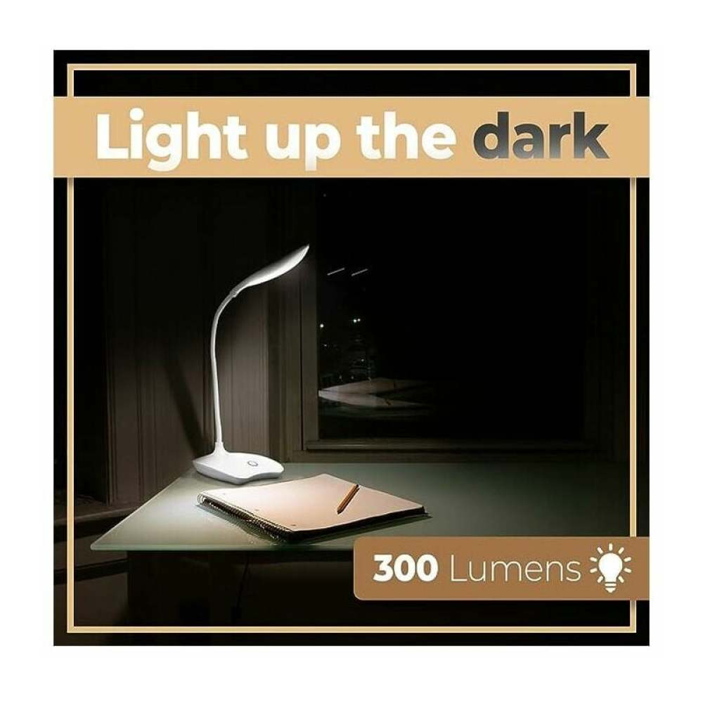 Weiße Schreibtischlampe auf einem Schreibtisch mit Notizbuch und Bleistift, Fenster im Hintergrund, Text 'Light up the dark' und '300 Lumens'.