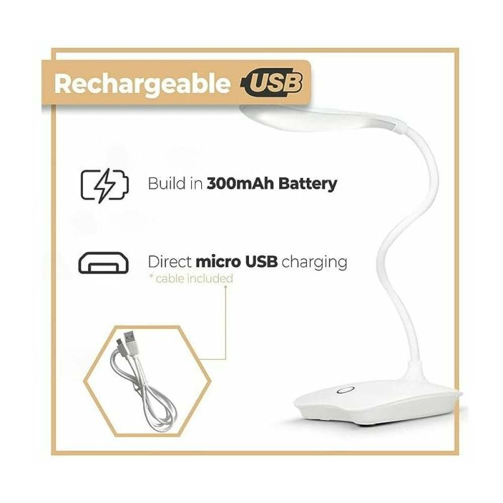 Eine weiße, wiederaufladbare USB-Schreibtischlampe. Sie hat einen flexiblen Hals. Text zeigt Merkmale: eingebauter Akku, USB-Aufladung und mitgeliefertes Kabel.