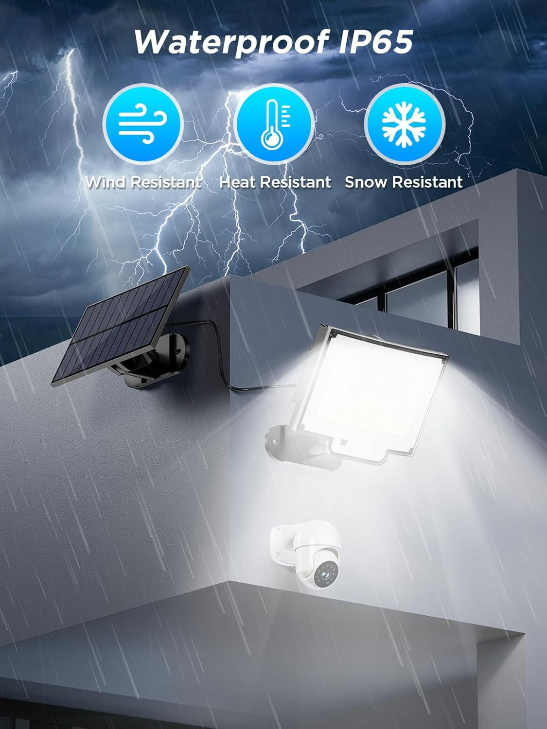 Ein wasserdichtes Outdoor-Sicherheits-Setup. Es verfügt über ein Solarpanel, einen Flutlichtstrahler und eine Überwachungskamera vor einem stürmischen Himmel.