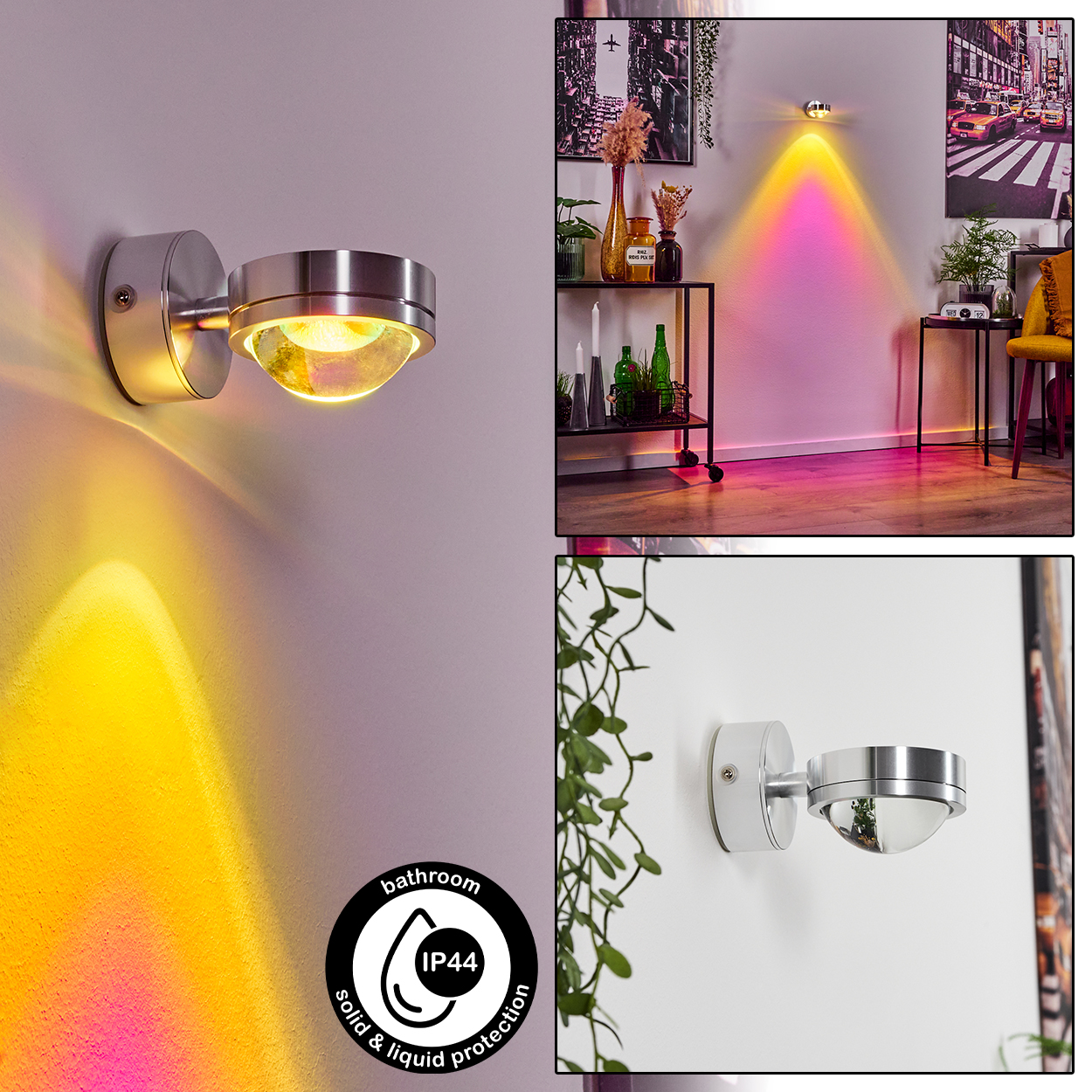 Eine moderne Wandleuchte mit Metallic-Finish ist montiert. Sie wirft ein farbenfrohes Licht und beleuchtet die Wand. Badezimmer, Feststoff- & Flüssigkeitsschutz.