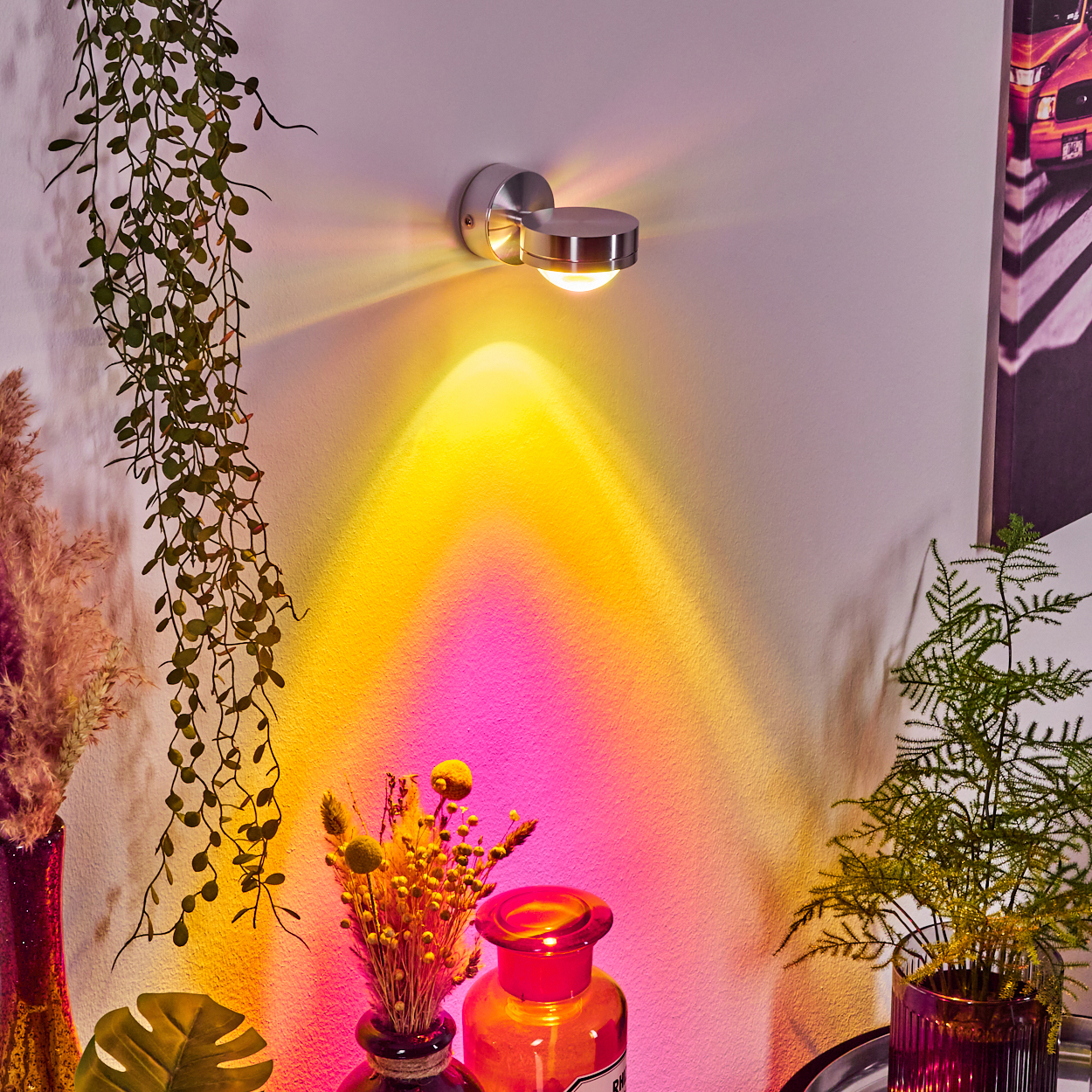Eine Wandlampe leuchtet auf eine Wand mit farbigem Licht. Pflanzen und Vasen mit Blumen sind im Vordergrund.